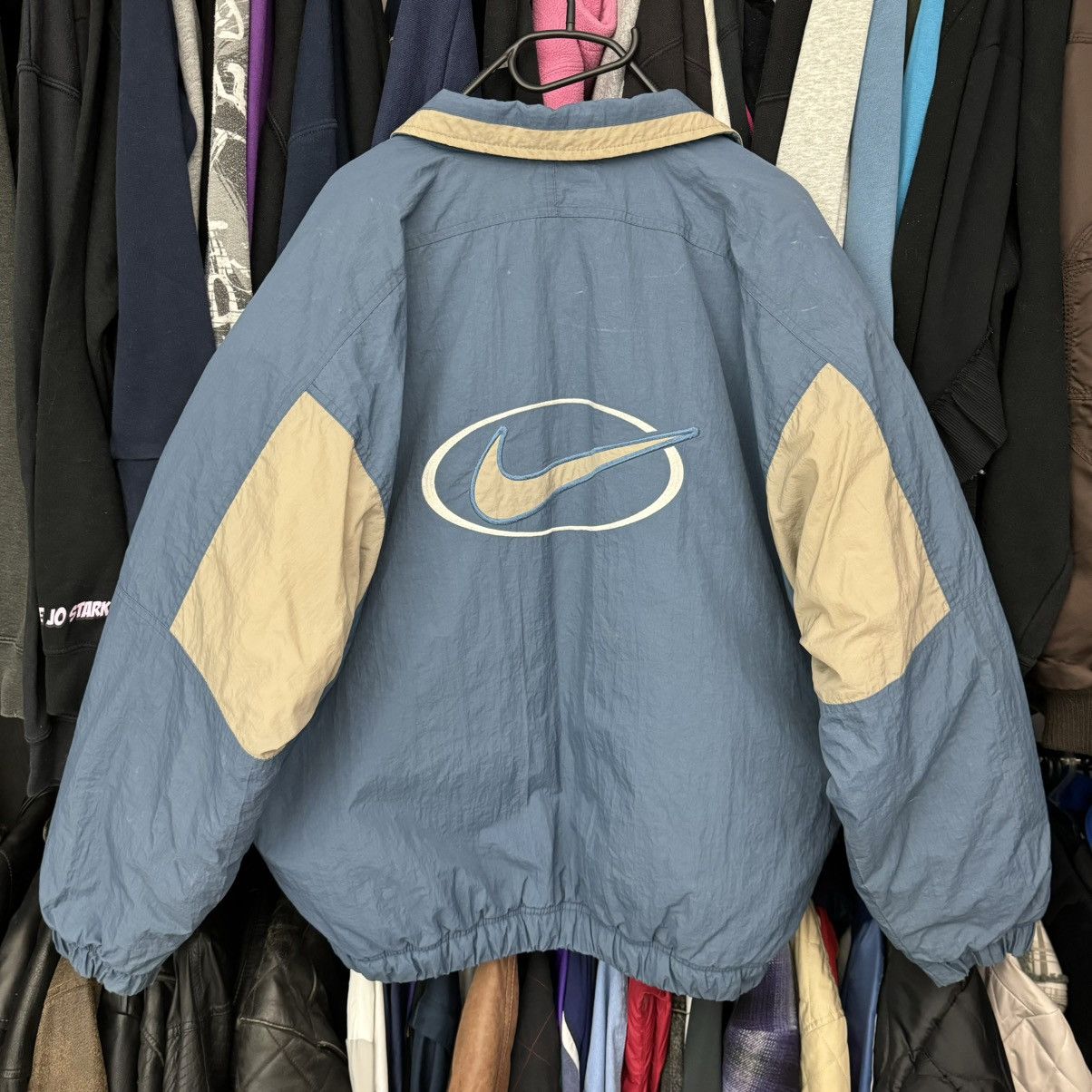 Nike × Vintage Vintage Nike Central Swoosh Bomber Jacket 90s y2k beige blue Size US M / EU 48-50 / 2 - 1 Thumbnail