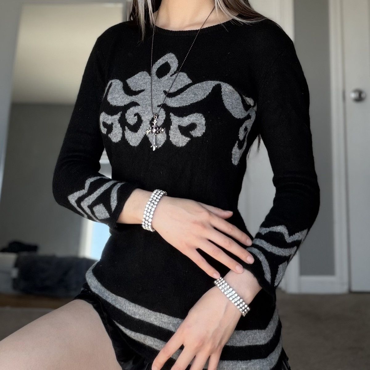 Other Black 100% Cashmere Baroque Damask Pattern Crewneck Sweater Size XS / US 0-2 / IT 36-38 - 15 Thumbnail
