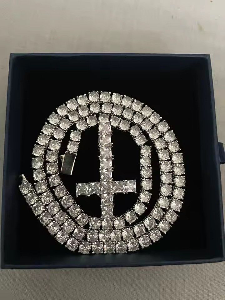 Japanese Brand 60 cm Iced Out Gold Tennis Chain Necklace Inverted Cross CZ Size ONE SIZE - 7 Thumbnail