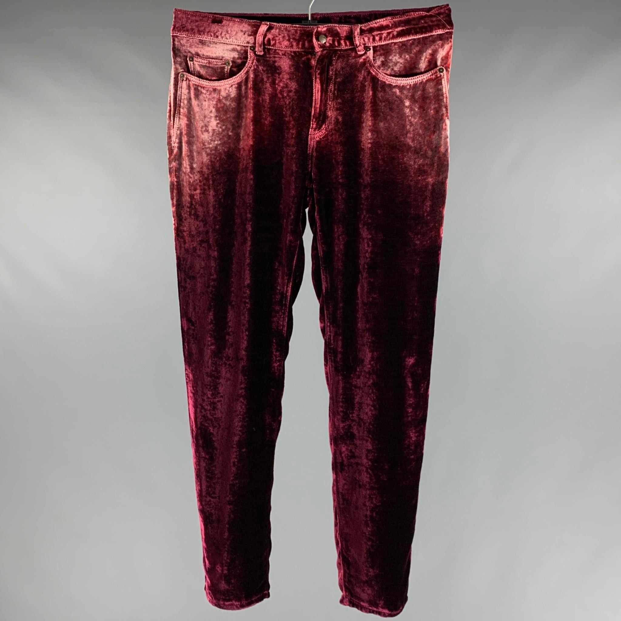 image of Saint Laurent Paris Burgundy Velvet Viscose Silk Jean Cut Casual Pants, Men's (Size 33)