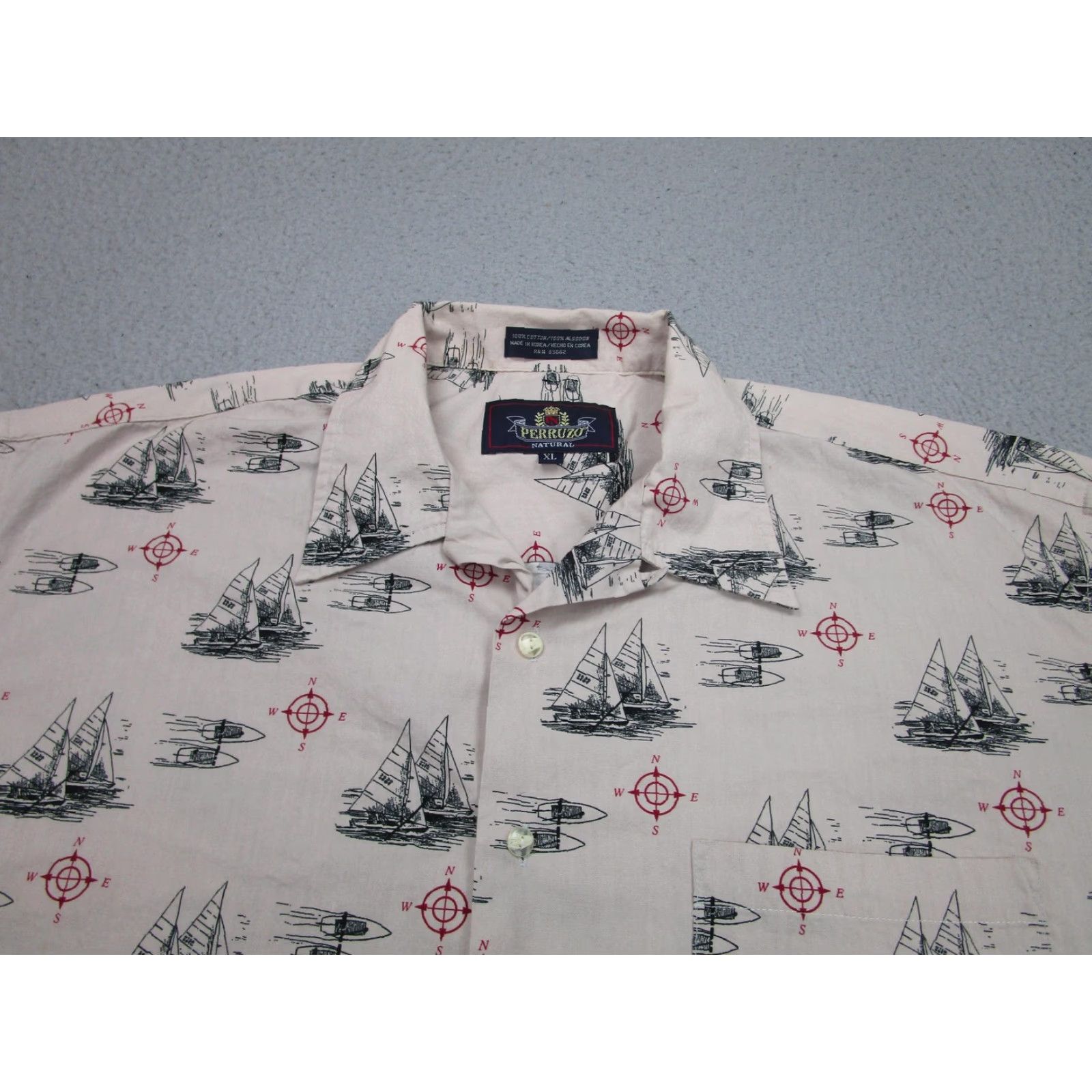 Nautica Perruzo Natural Shirt Mens XL Beige Sailboat Nautical Short Sleeve Outrigger Button-Up Christmas? (no not include) Size US XL / EU 56 / 4 - 3 Thumbnail