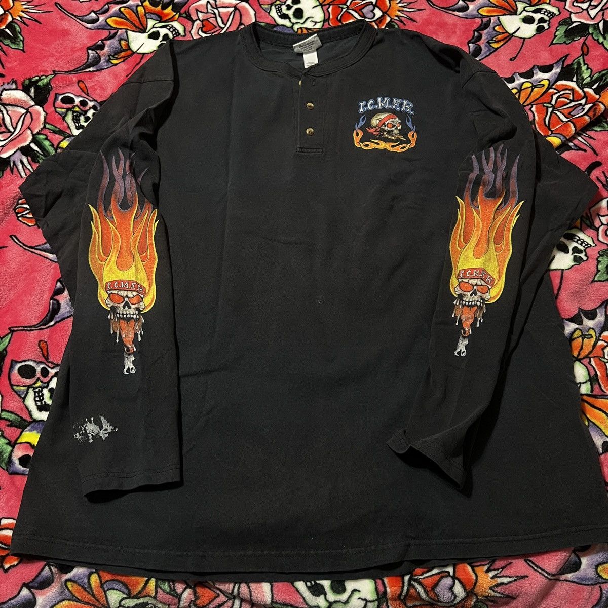 Harley Davidson 90s Biker Flame Long Sleeve Henley Ice cream man from hell Size US XXL / EU 58 / 5 - 1 Thumbnail