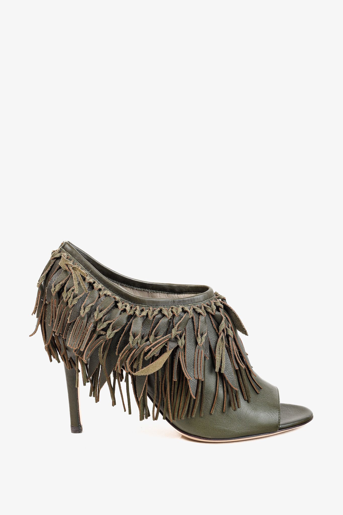 Sergio Rossi Sergio Rossi Green Leather Fringe Peep-Toe Bootie Size US 7.5 / IT 37.5 - 1 Thumbnail