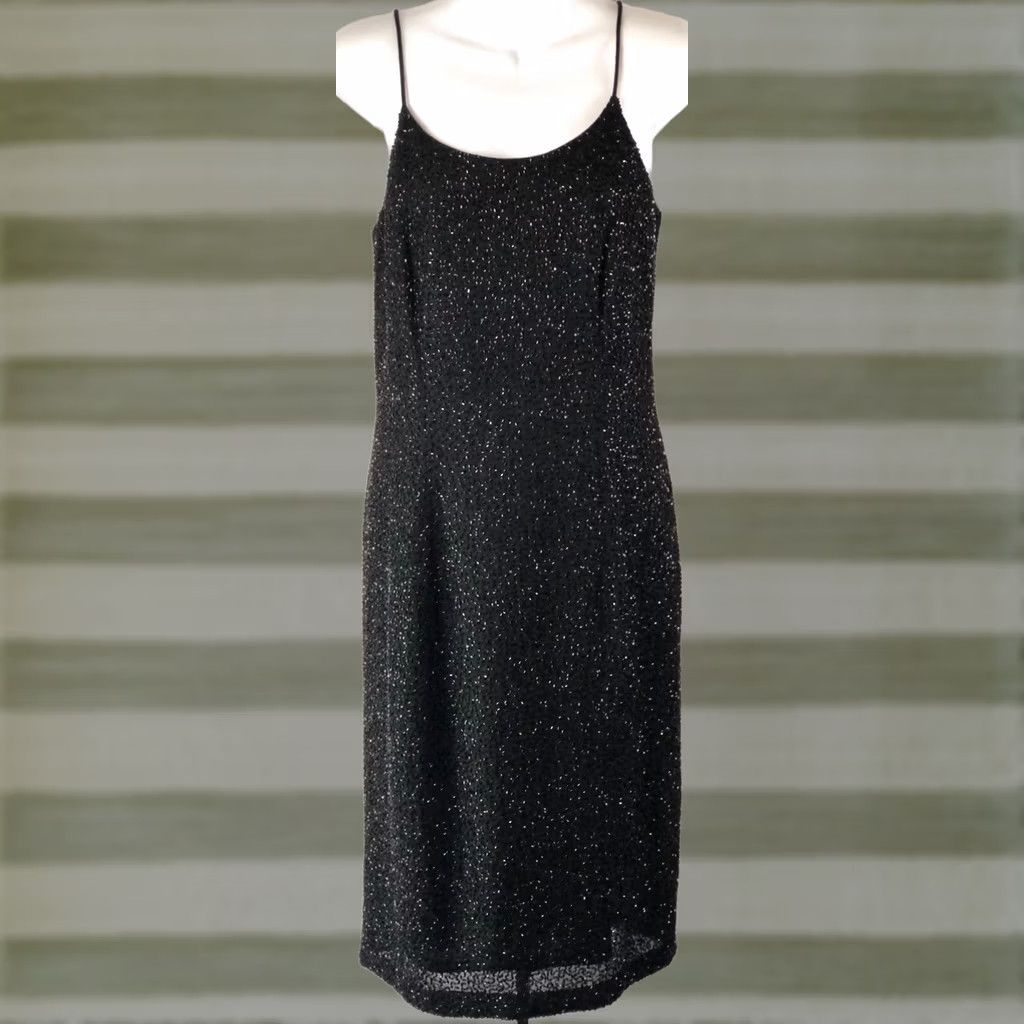 Vintage Marina Bresler Cocktail Dress Slit Beaded Spaghetti Straps Black M Knee Length Formal Prom Party/Cocktail Women's Size M / US 6-8 / IT 42-44 - 1 Thumbnail