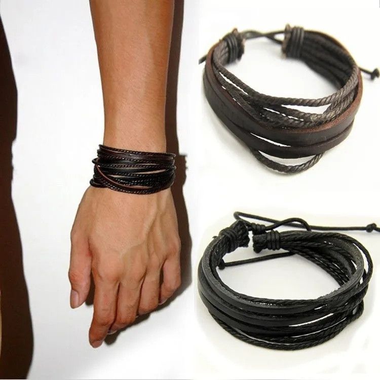 Jewelry Multilayer Leather Bracelet Black and Brown Size ONE SIZE - 1 Thumbnail