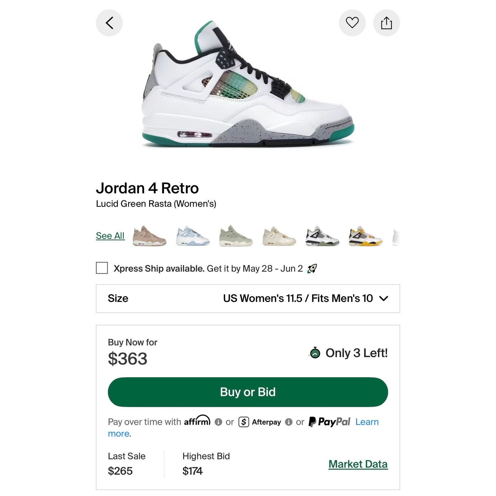 Jordan Brand Jordan 4 Retro Green Rasta Size 10m 11.5w AQ9129-100 Rare Size US 10 / EU 43 - 8 Thumbnail