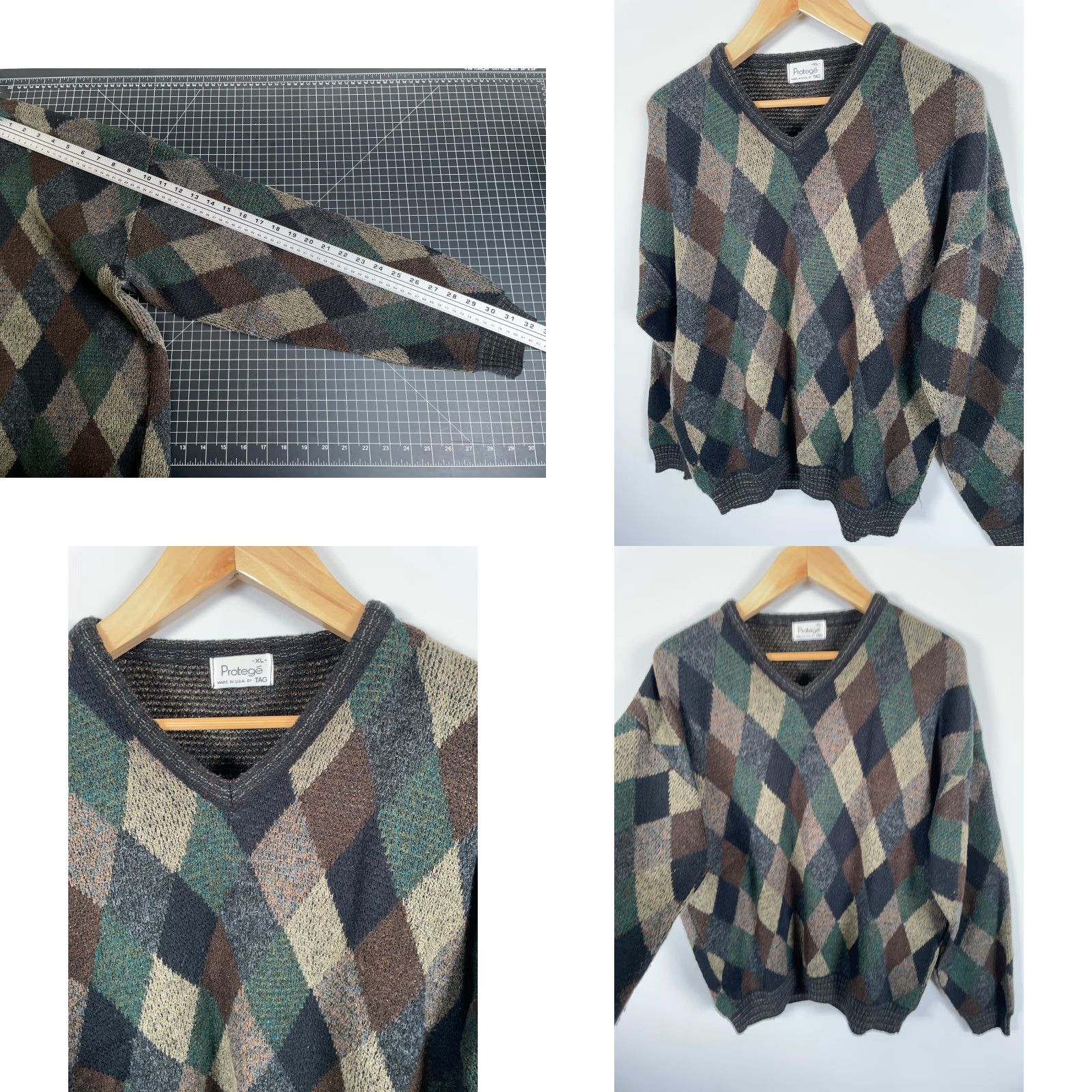 Vintage VINTAGE Protege Sweater Men XL Brown Green Argyle Diamond V-Neck USA Made Knit VTG Size US XL / EU 56 / 4 - 8 Thumbnail