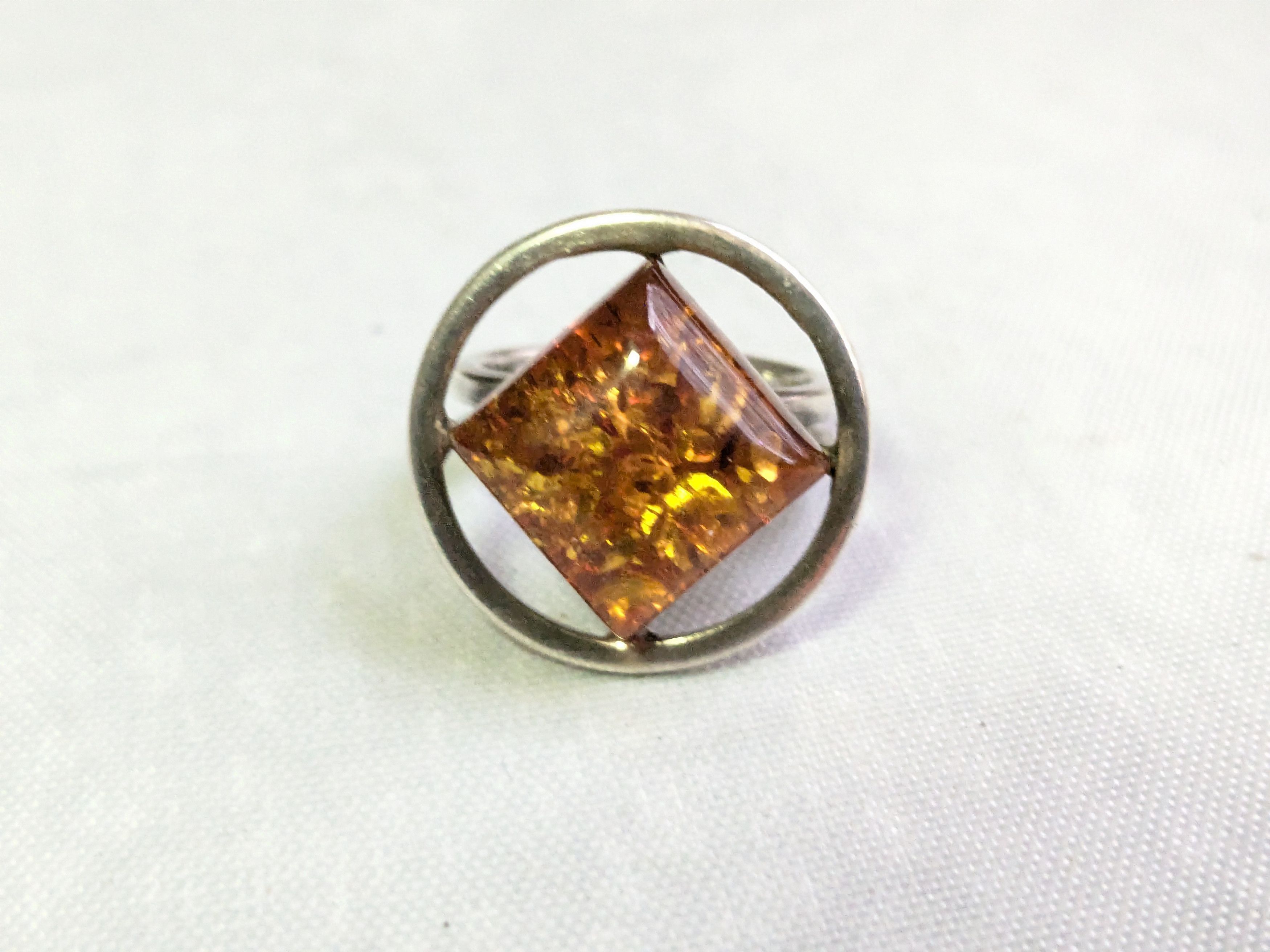 Jewelry Sterling Silver Ring Orange Amber 6.5 Square Round Size ONE SIZE - 5 Thumbnail