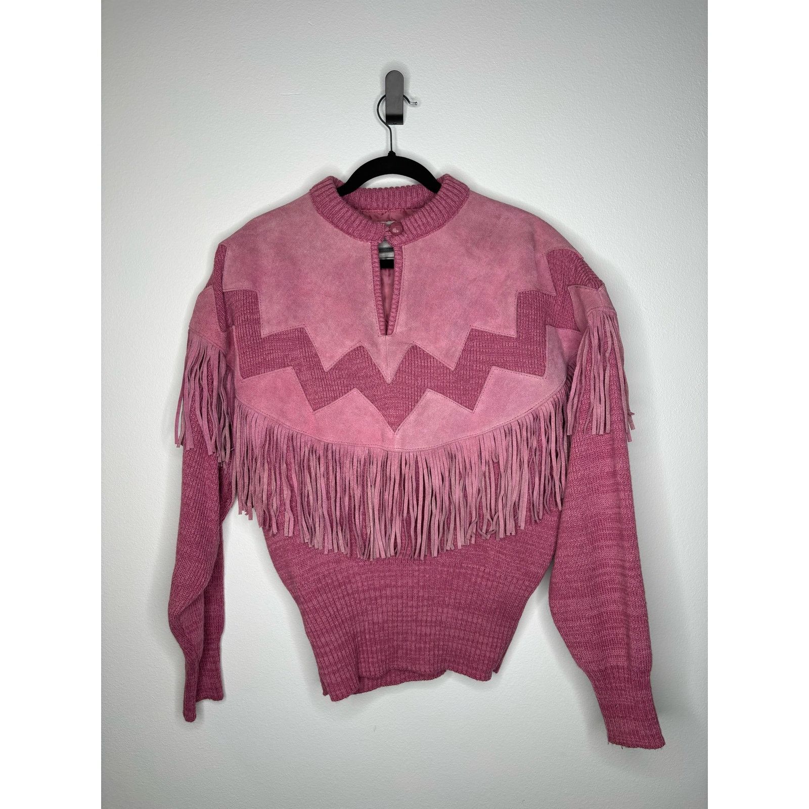 image of Vintage Pink Pioneer Wear Suede Fringe Sweater- Size S, Women's