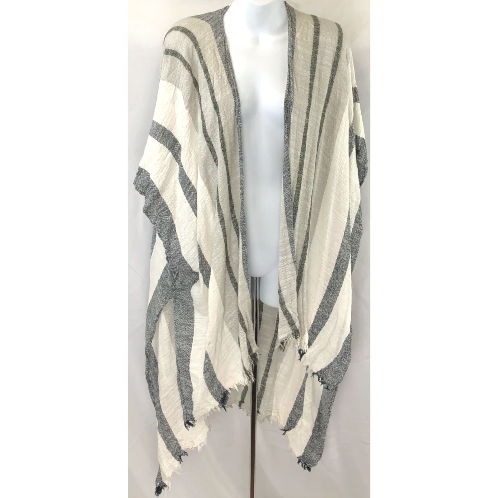 American Eagle Outfitters American Eagle Outfitters Blouse One Size Gray Stripe Fringe Boho Gauzy Pashmina Shawl Wrap Top Shirt Women Size ONE SIZE - 3 Thumbnail