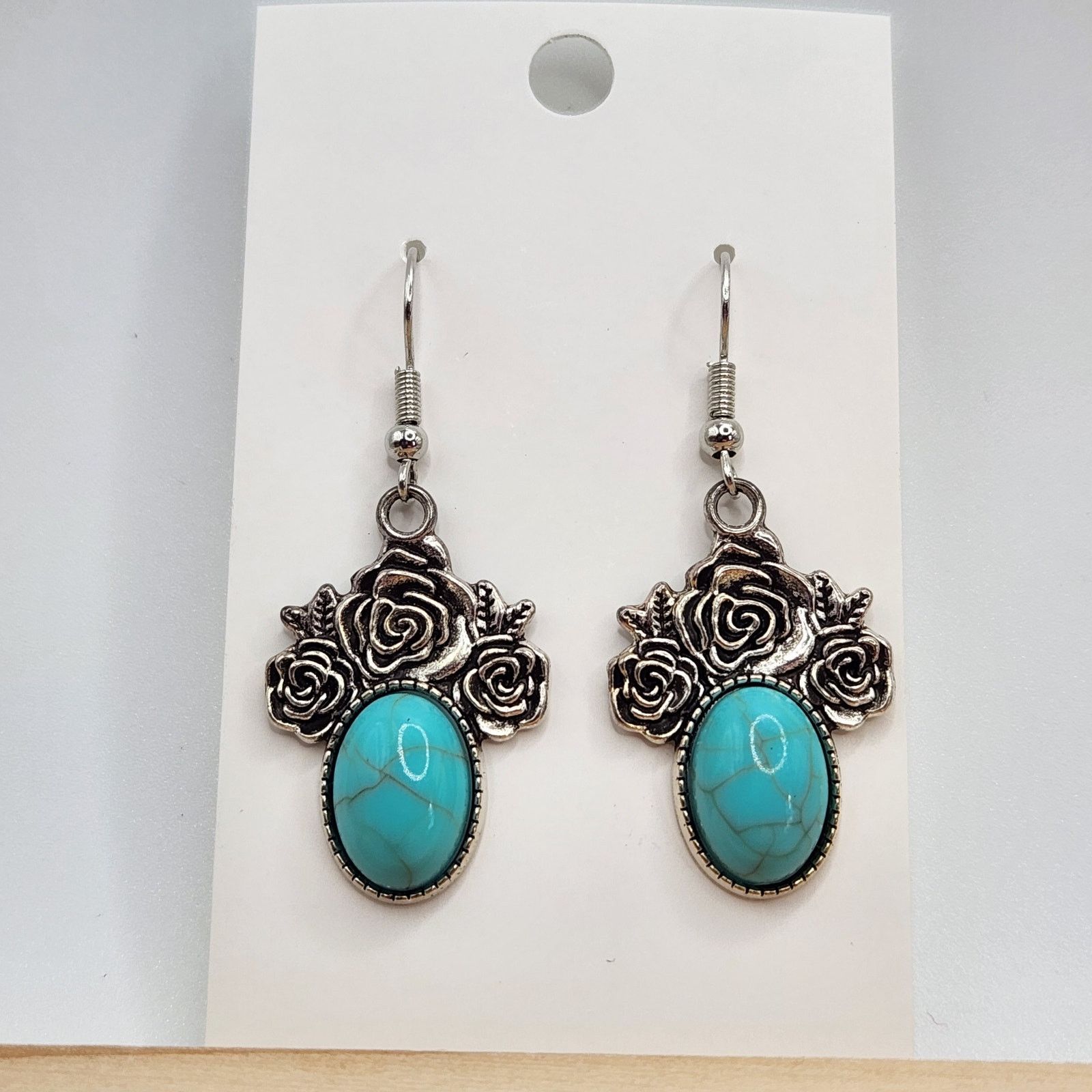 Other Turquoise Stone Rose Dangle Earrings Silver Tone Floral Boho Size ONE SIZE - 4 Thumbnail