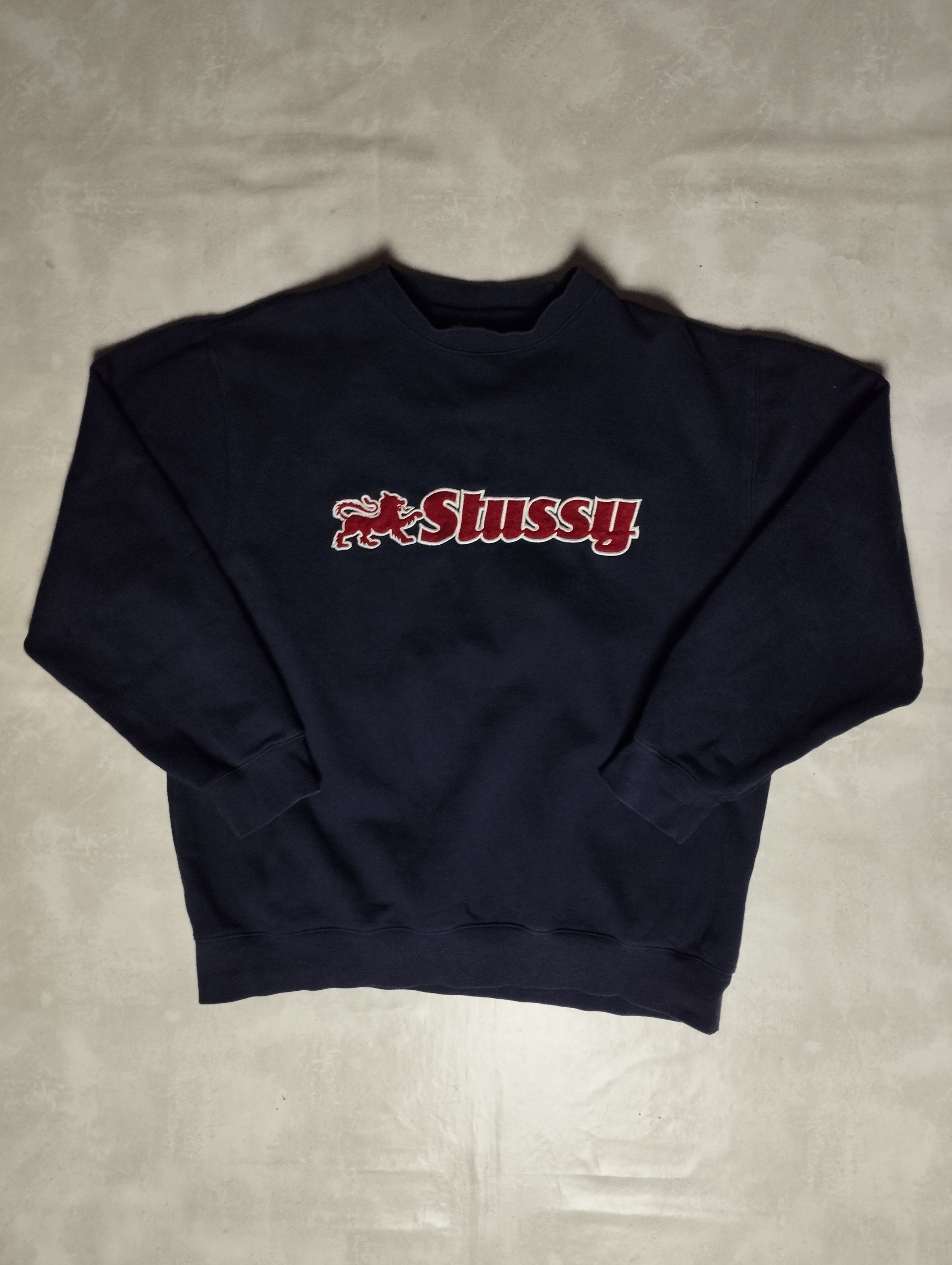 image of 90's Stussy Lion Spellout Big Logo Sweatshirt in Navy Blue, Men's (Size Medium)