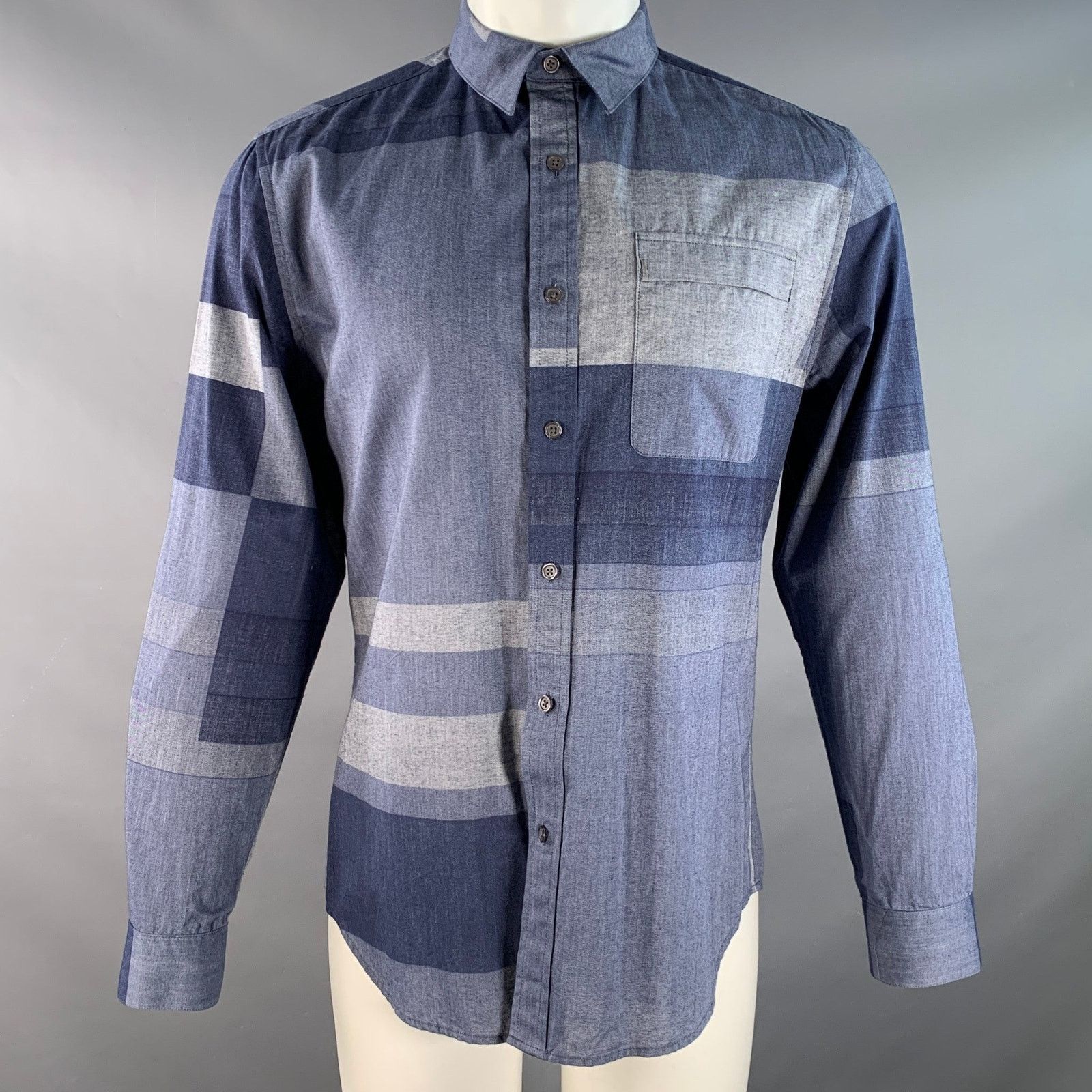 Elie Tahari M Blue Navy Color Block Cotton One pocket Long Sleeve Shirt Size US M / EU 48-50 / 2 - 1 Thumbnail