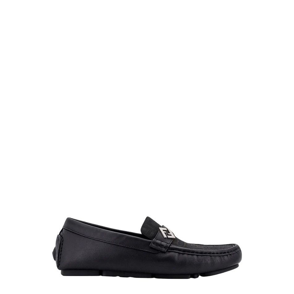 FENDI FF Metal $830 Black/Brown Driving Loafers New & Authen