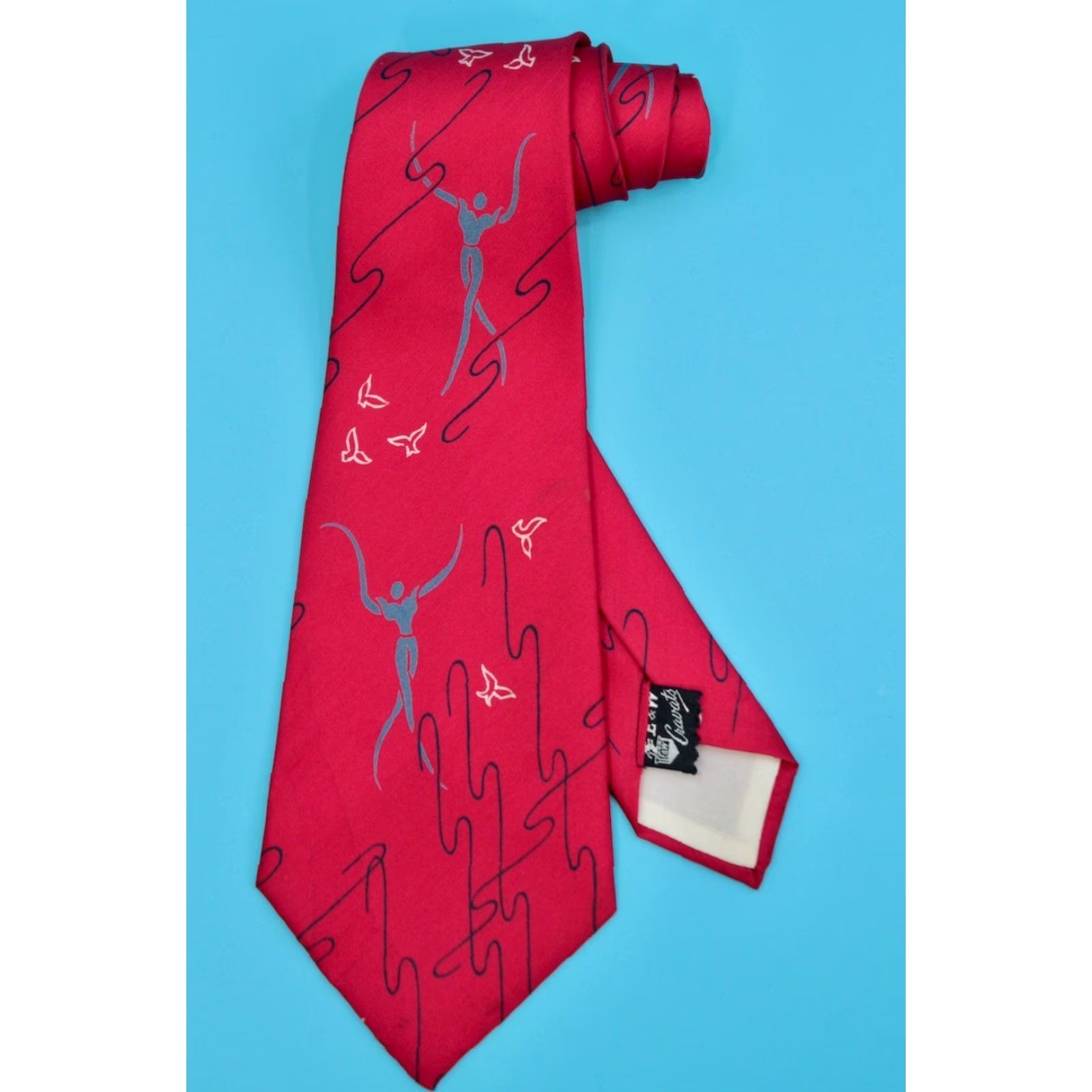 Vintage VTG E&W 1940s Red Necktie Silk Tie / Abstract Human Figures / 54.5" L 4.5" W / Original / Men Size ONE SIZE - 2 Thumbnail