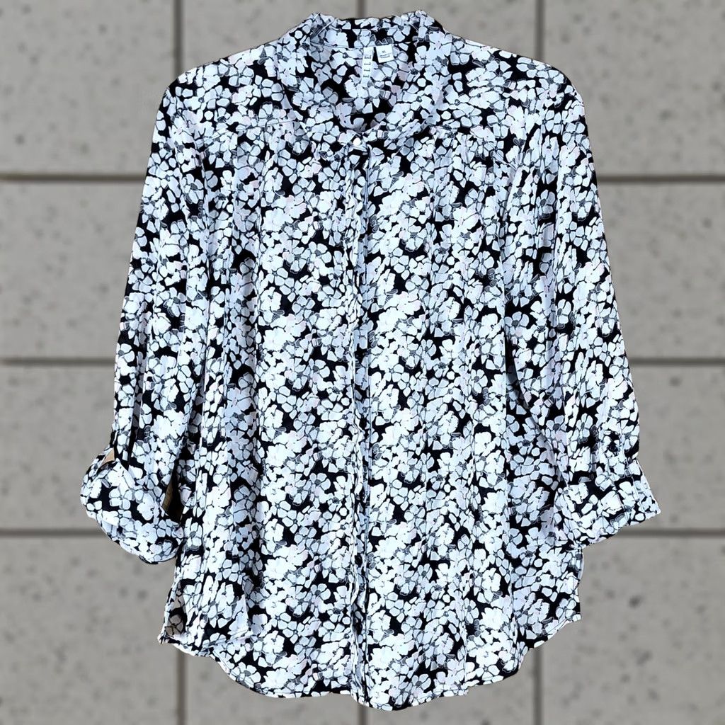 Vintage ELLE Shirt Women XL Black White Floral Geometric Print Long Sleeve Button Down Size XL / US 12-14 / IT 48-50 - 1 Thumbnail