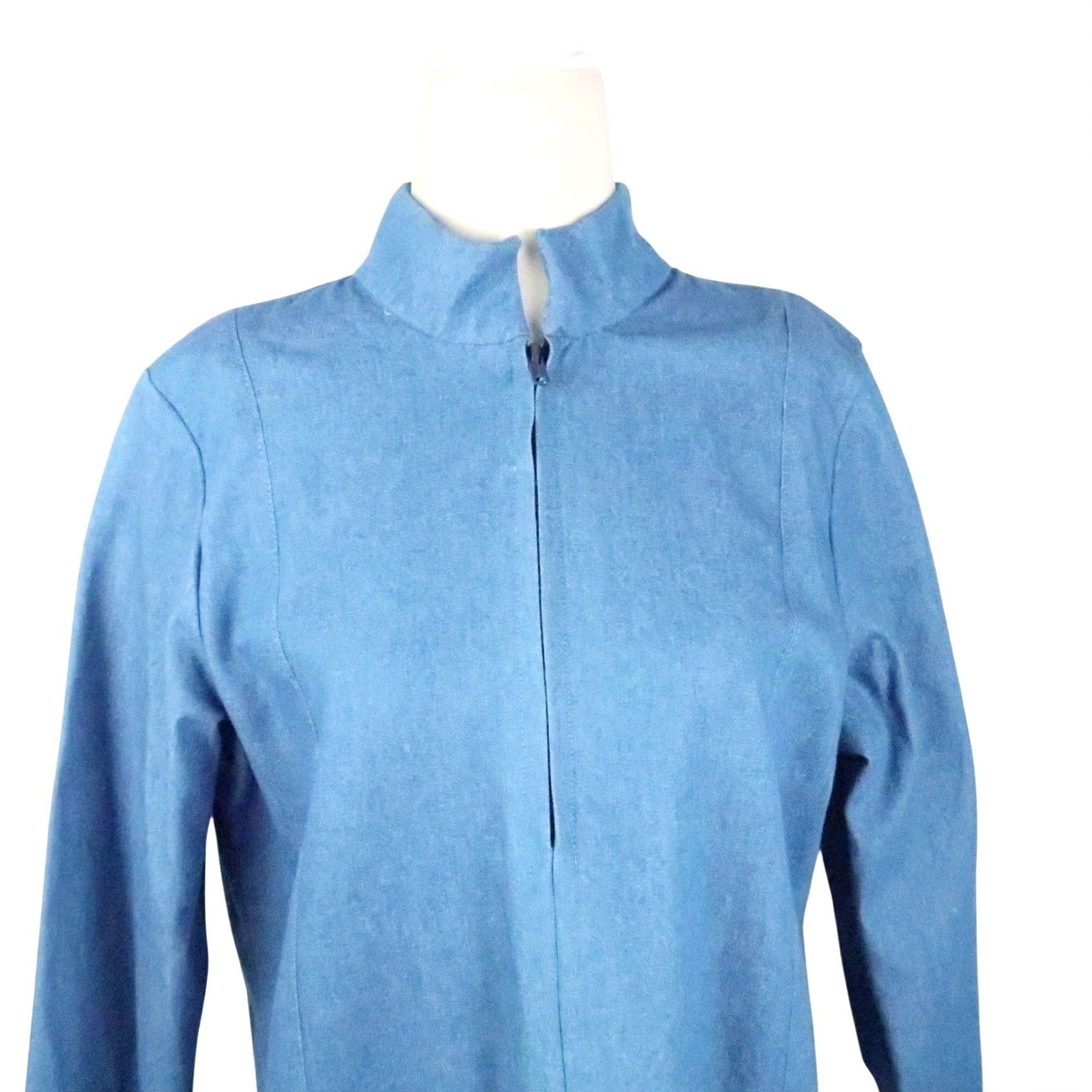 Denime VINTAGE Blue Chambray Denim Shift Mini Dress Mod Mockneck, 60s, 70s, Bohemian, Western, 3/4 Sleeve, Cotton, Casual Womens Dress M Size M / US 6-8 / IT 42-44 - 2 Thumbnail