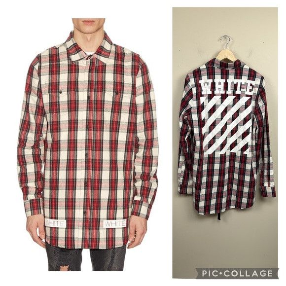 Off-White NEW OFF WHITE burgundy and white long sleeve plaid button Size US L / EU 52-54 / 3 - 1 Thumbnail
