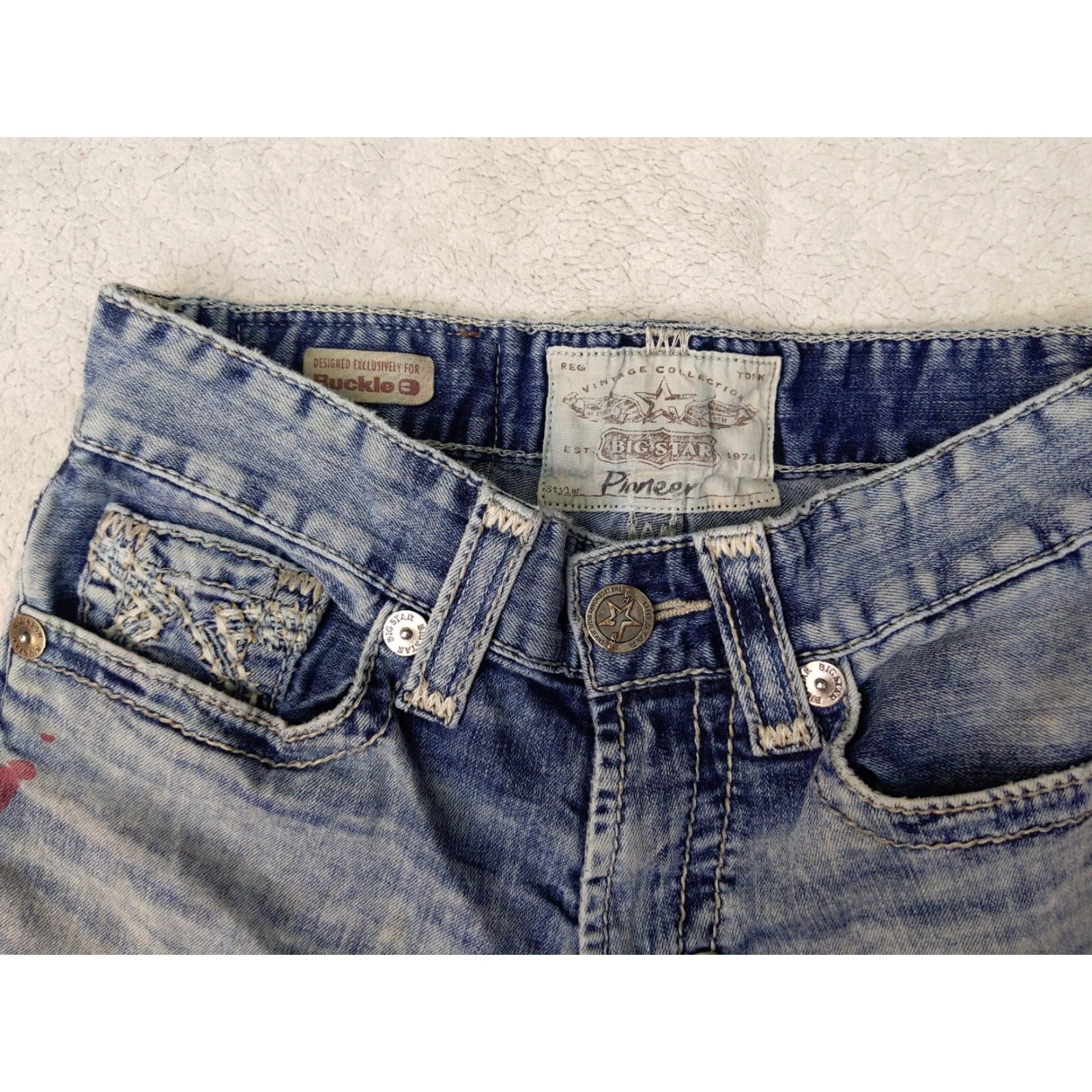 Vintage Big Star Pioneer Jeans Mens 29x29 Light Acid Wash Blue Denim Slim Straight Zip Fly Button Waist 29in Mens Size US 29 - 5 Thumbnail