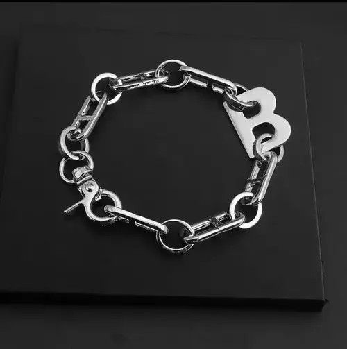 Letter B Thick Chain Link Vintage Jewelry Bracelet in Silver, Men's