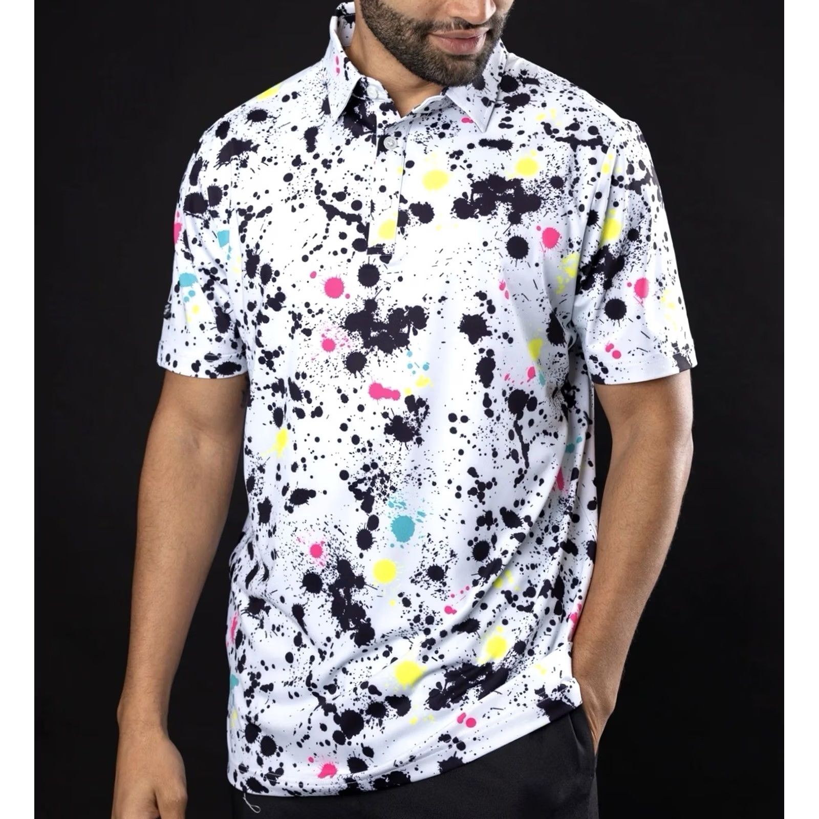 Vintage Swagger Sunday Swagger Golf Polo Shirt Mens XL Paint Splatter Neon AOP Print Shirt Size US XL / EU 56 / 4 - 4 Thumbnail