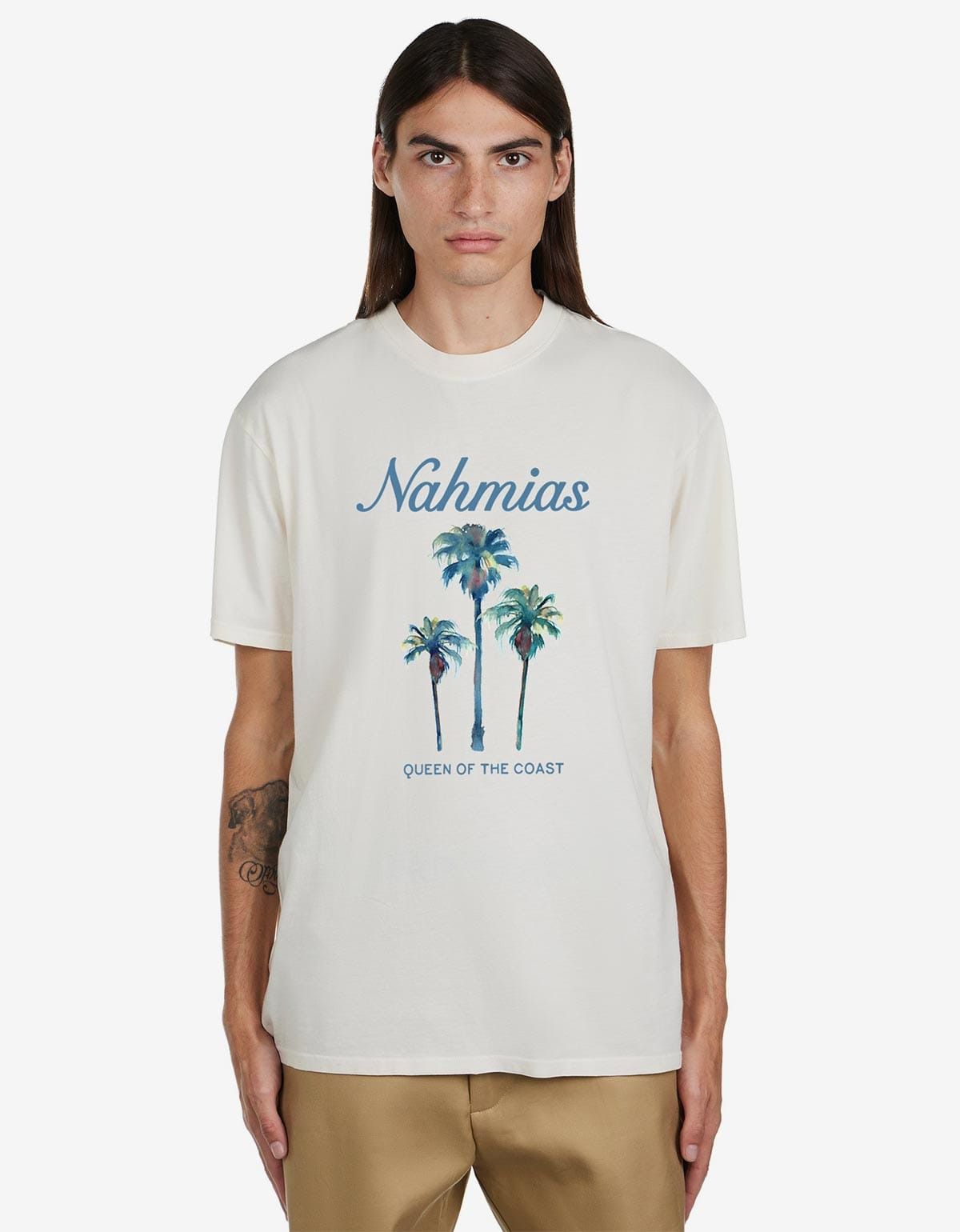 image of Nahmias Palm Tree Coast Print T-Shirt in White, Men's (Size 2XL)