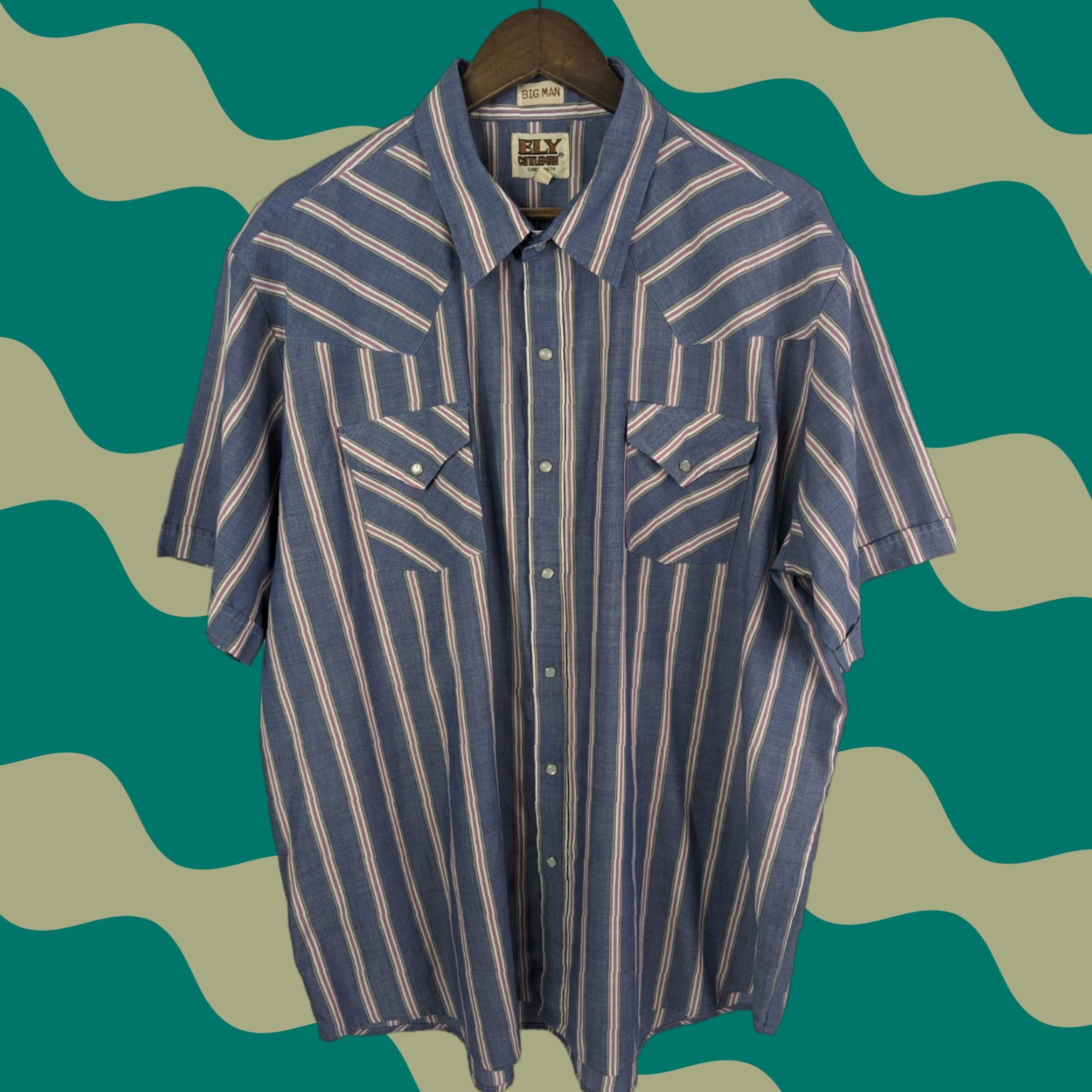 Vintage Ely Cattleman Shirt Adult Big 2X Blue Striped Short Sleeve Pearl Snap Cowboy Size US XXL / EU 58 / 5 - 1 Thumbnail