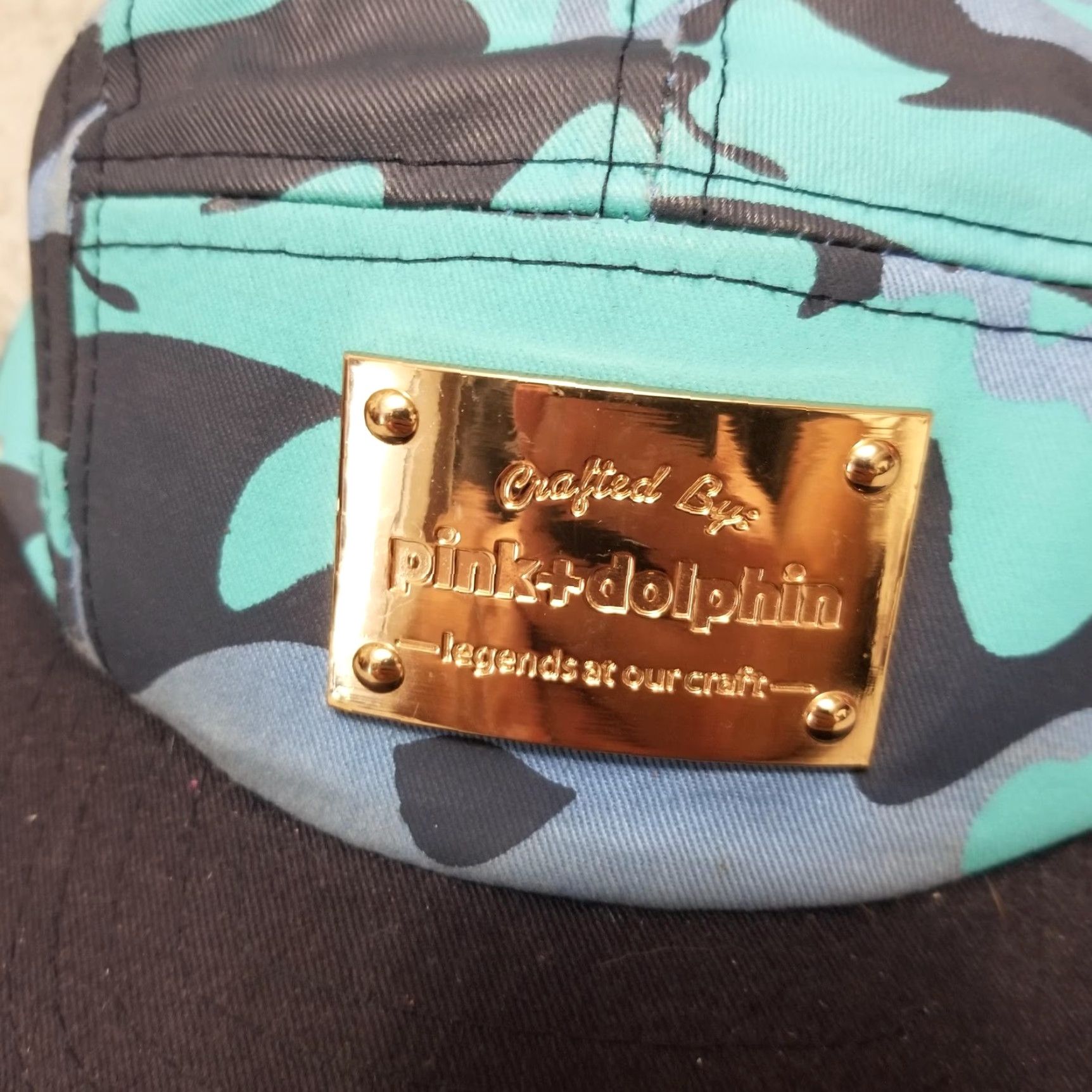 Vintage VINTAGE Pink Dolphin Hat Camp 5 Panel Strap Back One Size Camouflage Teal Black Gold Plaque Mens Size ONE SIZE - 2 Thumbnail