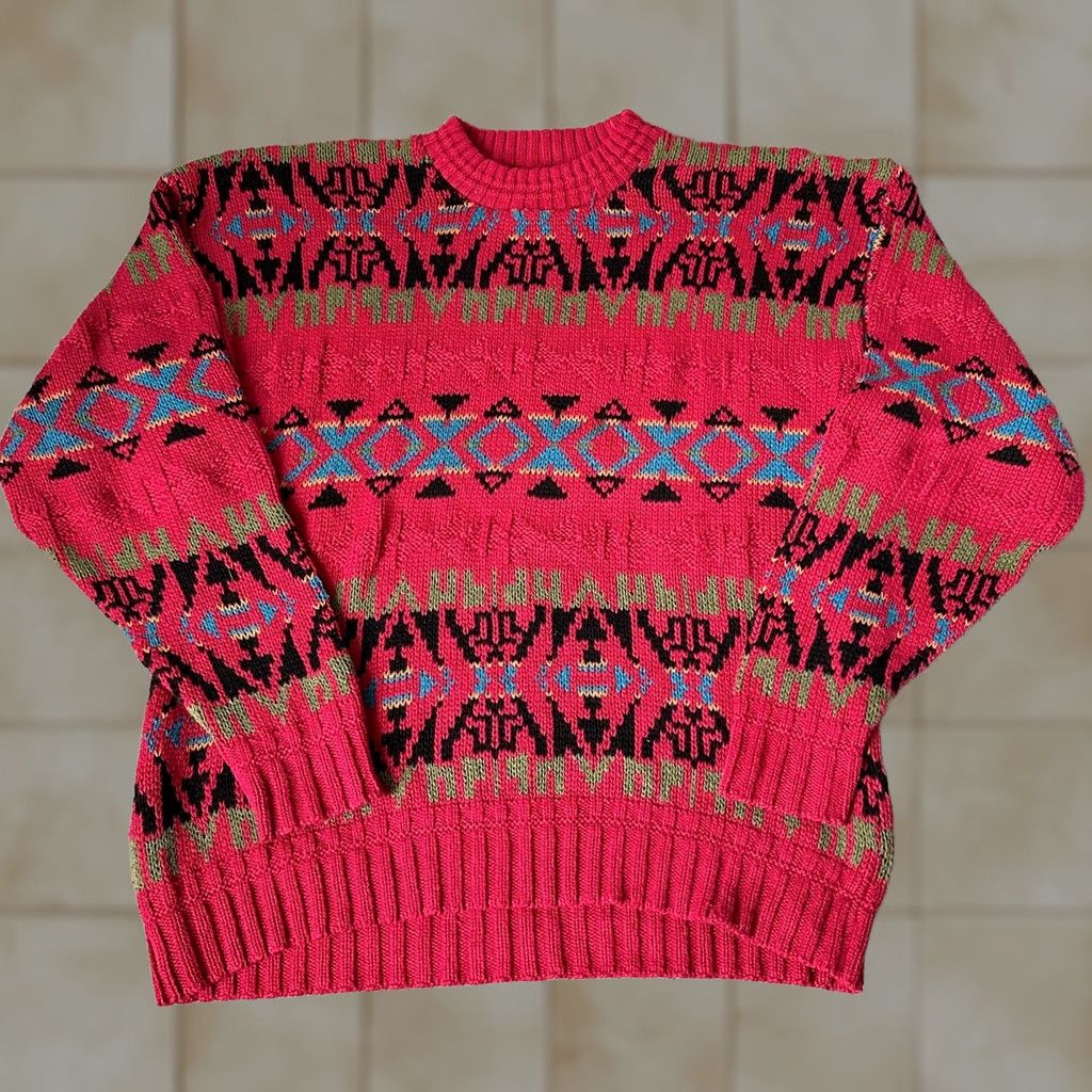 Vintage VINTAGE Lake Harmony Sweater Mens L Red Aztec 80s Crew Neck Knit Pullover Rowing Club Varsity Style Womens? Size US L / EU 52-54 / 3 - 1 Thumbnail