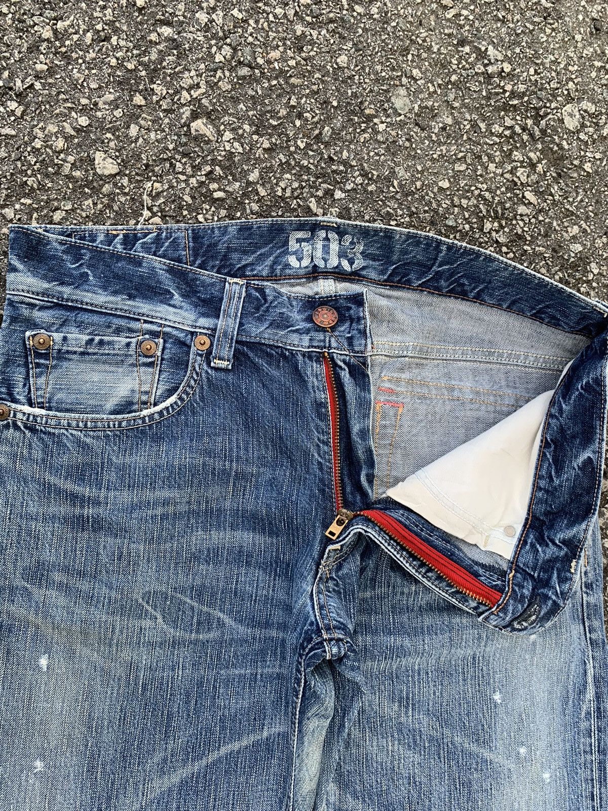 Japanese Brand FLARE💥EDWIN 503 FADED & RUSTY DISTRESSED DENIM Size US 35 - 15 Thumbnail