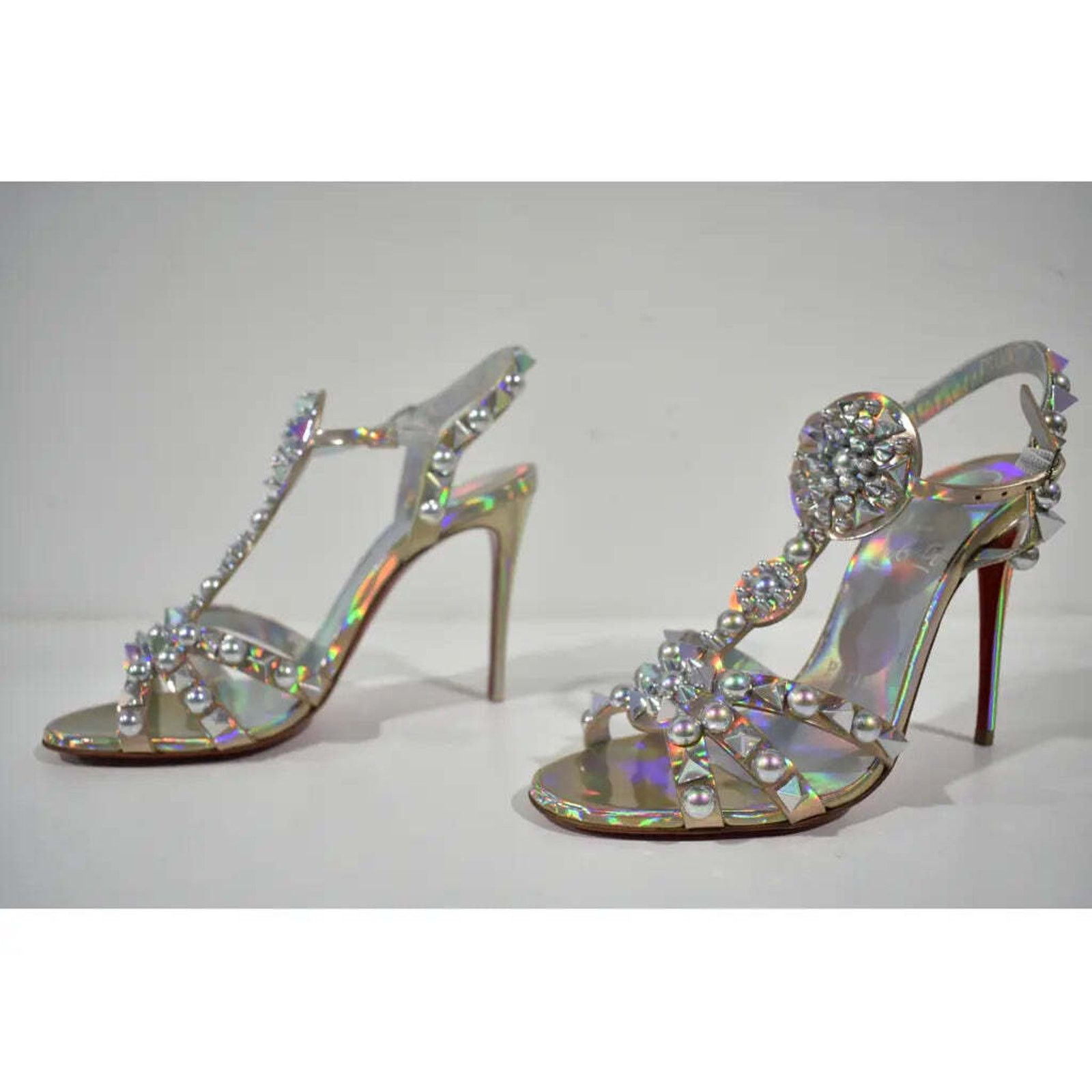 Christian Louboutin Goldora 100 Gold AB Spike Ankle Strap Sandal Heel Pump 36.5 Size US 6.5 / IT 36.5 - 9 Thumbnail
