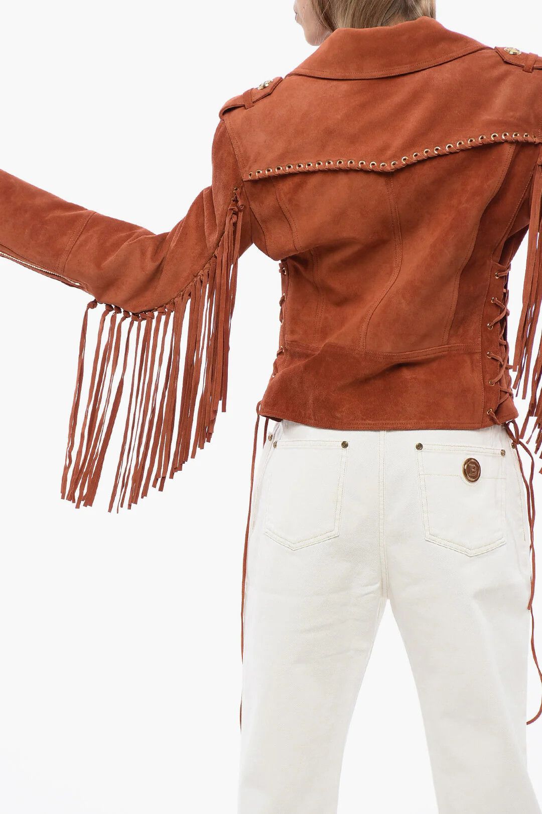 Balmain og1mm0326 Fringed Suede Biker Jacket in Orange Size S / US 4 / IT 40 - 2 Thumbnail