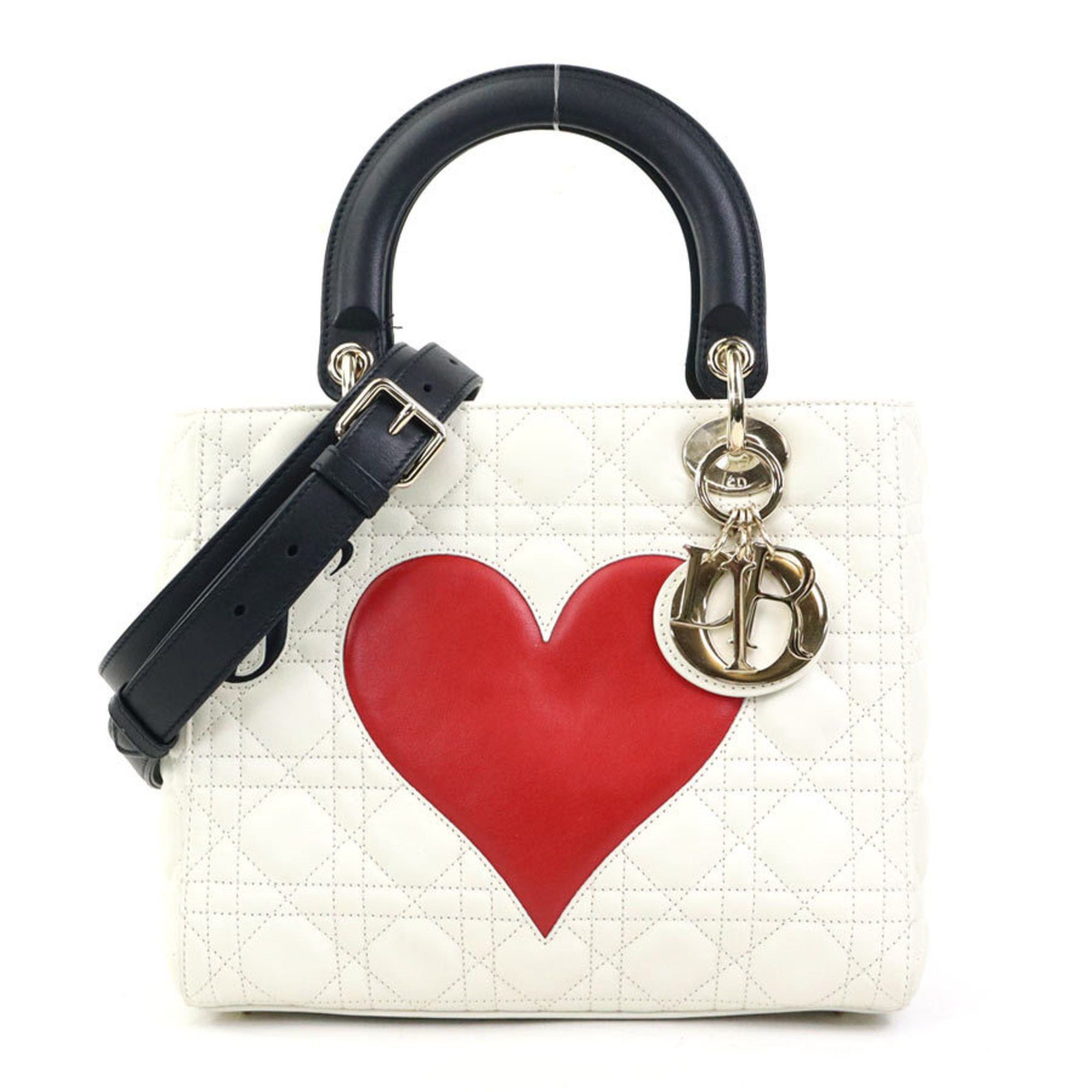 Christian Dior Handbag Shoulder Bag Amour Lady Lambskin White X Black Red Women's 90130K