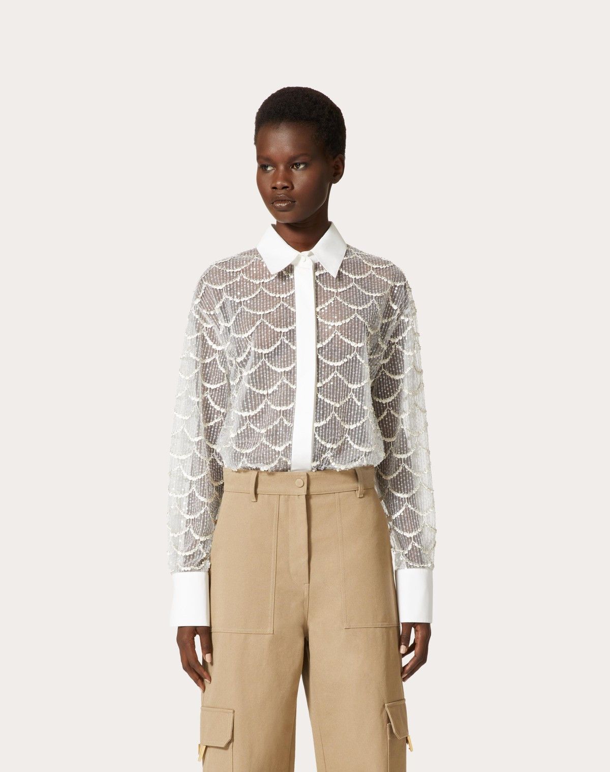 Valentino o1s1wg110525 Embroidered Tulle Illusione Shirt in White Size XS / US 0-2 / IT 36-38 - 4 Thumbnail