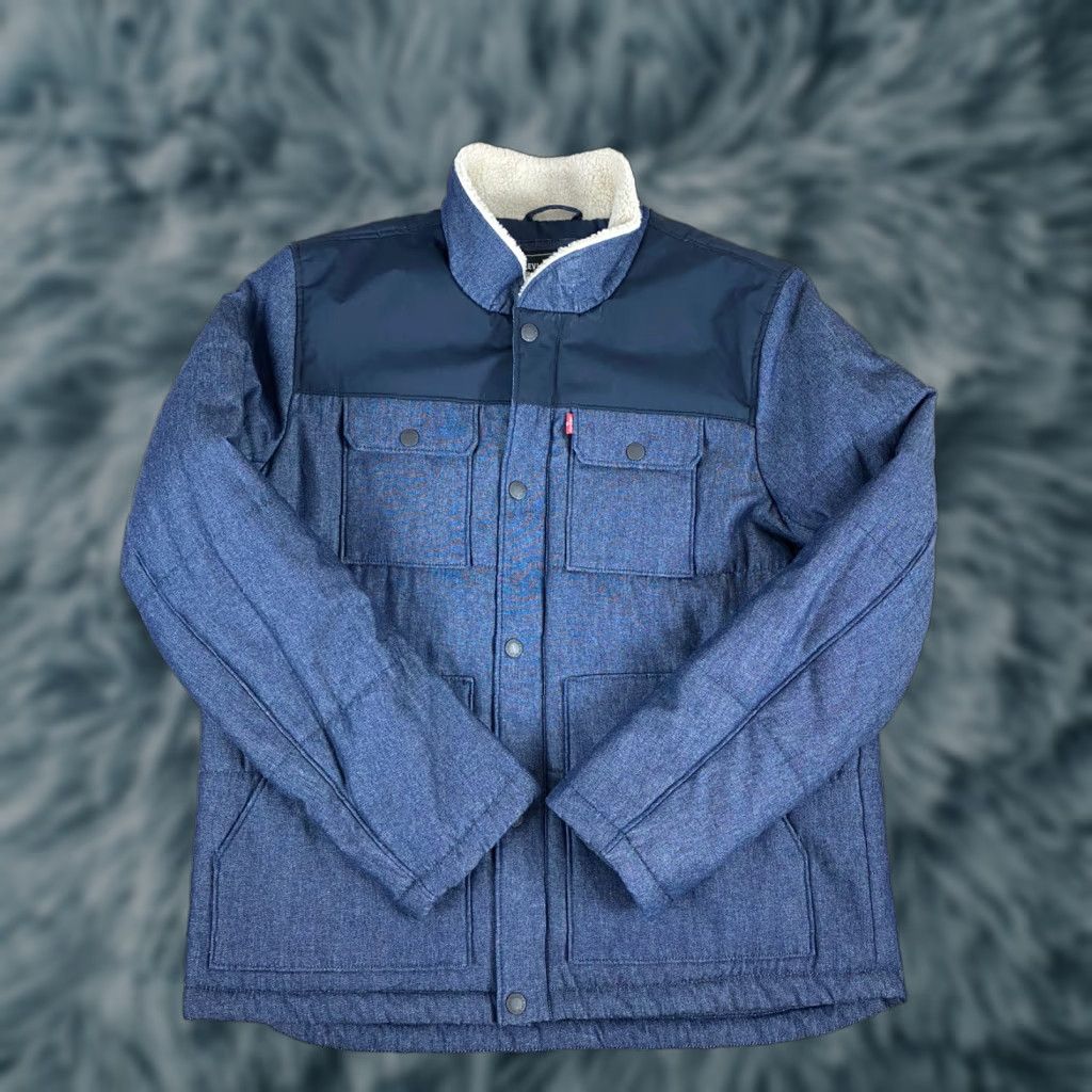 Levi's VINTAGE Levi's Jacket Denim Look Quilted Sherpa Collar Mens L Blue Denim Look Quilted Jacket Mens L Blue Quilted Sherpa Collar Levi's Size US 33 - 1 Thumbnail