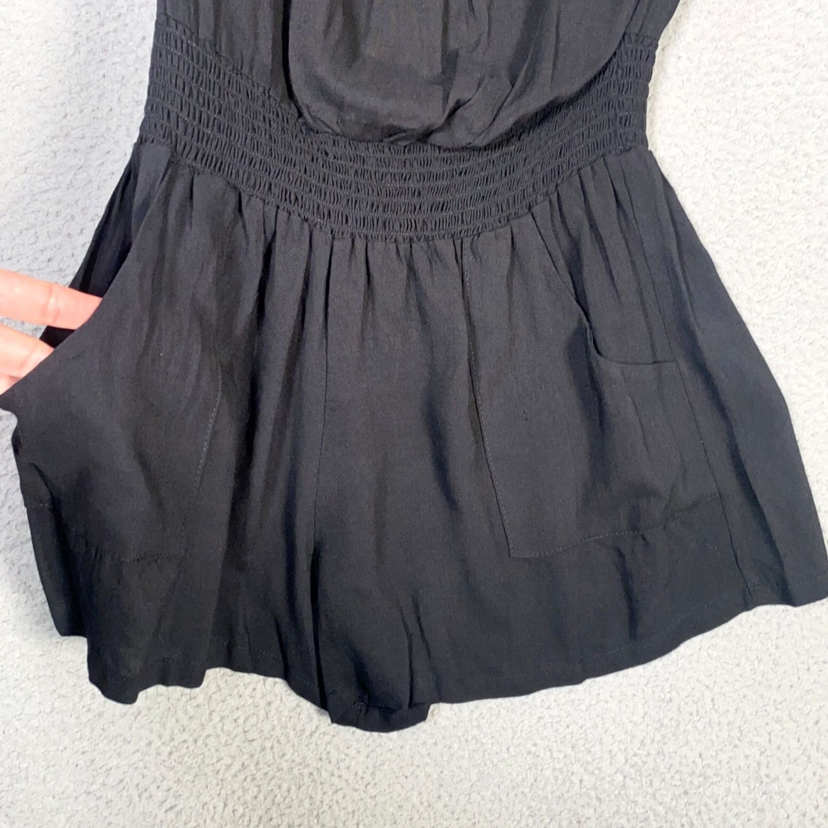Vintage Mimi Chica Womens Romper Shirt One-Piece Strapless Pocket Smocked Ruffle Y2K Black Medium Size 32" / US 10 / IT 46 - 4 Thumbnail