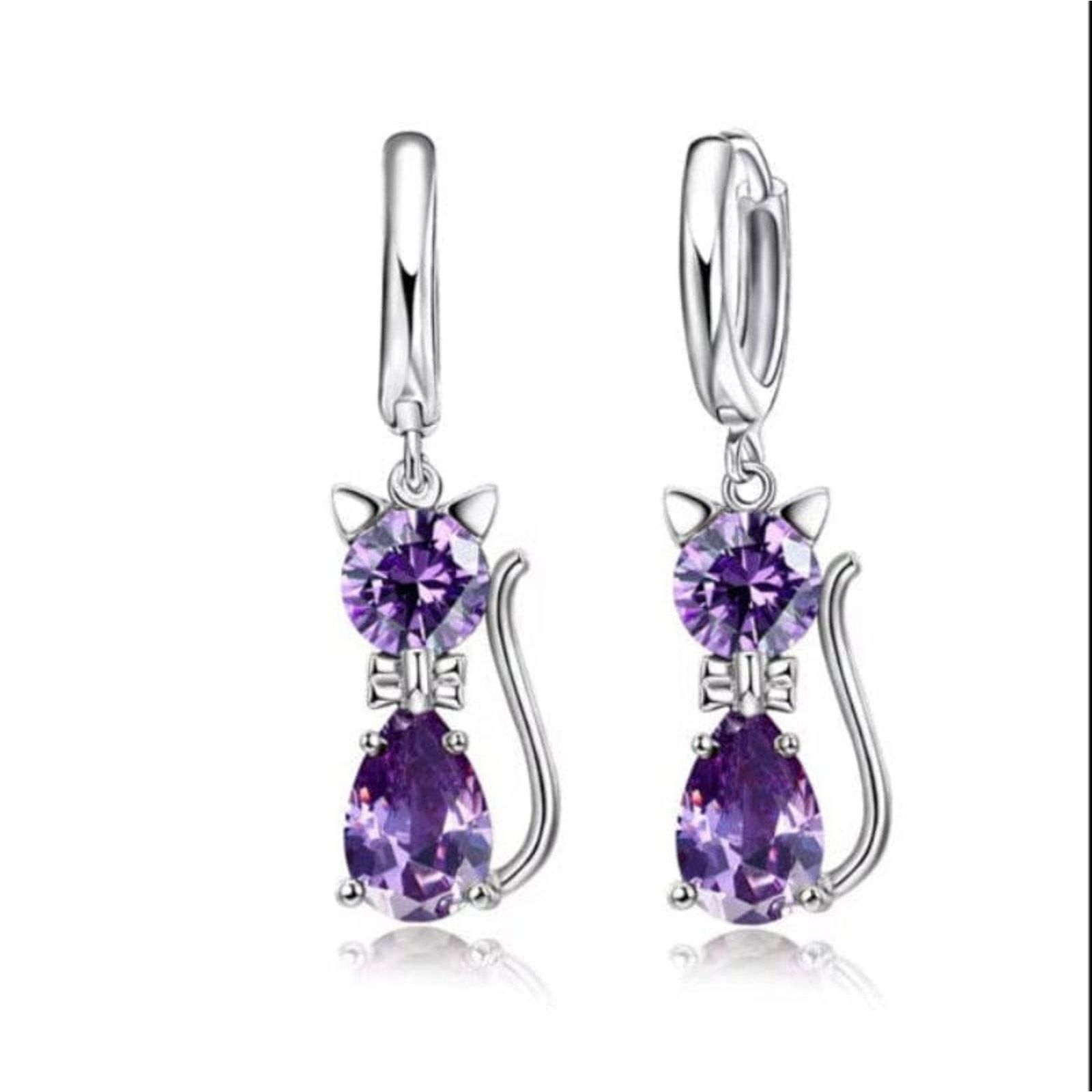 Designer Pink Crystal Cat Earrings Silver Huggie Dangle Earrings Size ONE SIZE - 2 Thumbnail