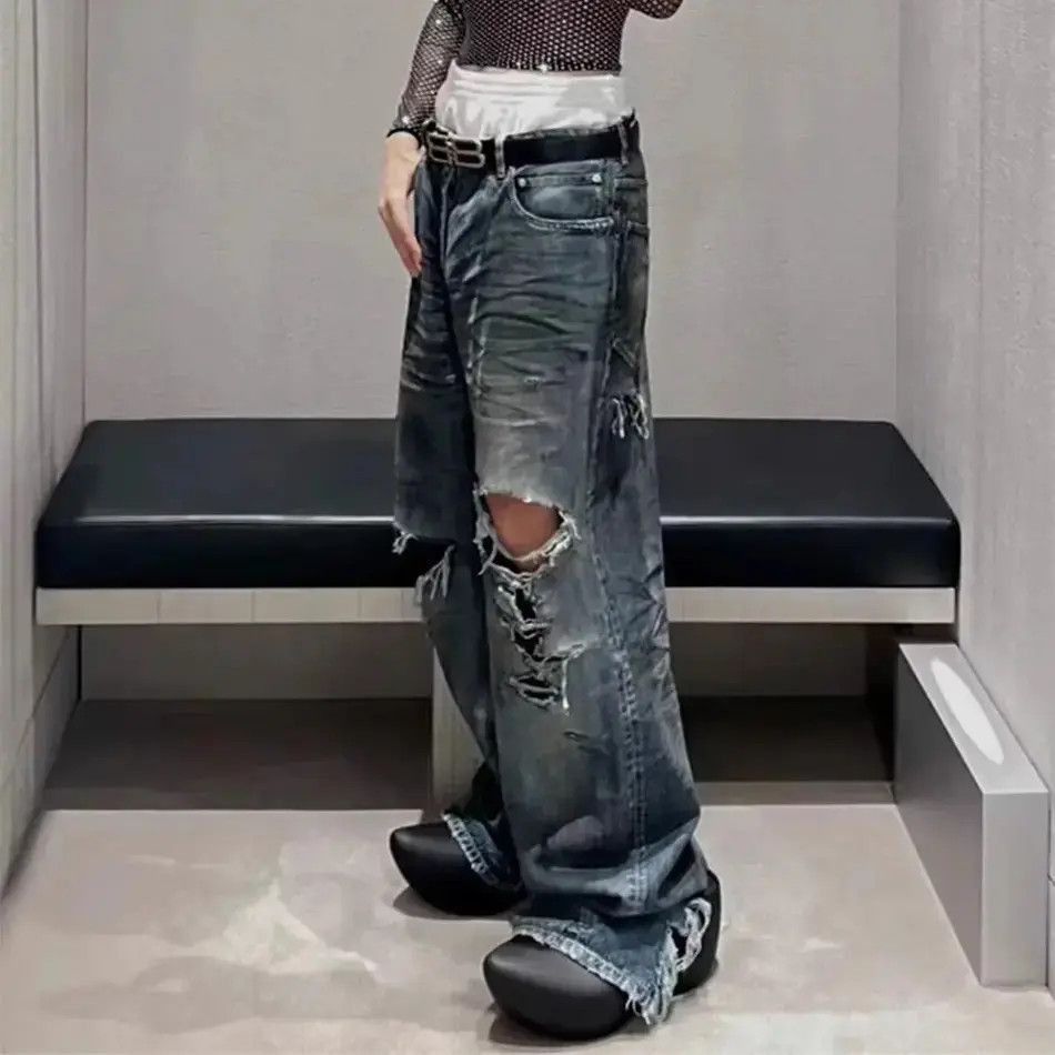 Japanese Brand Frayed Damaged Hole Baggy Wide Leg Jeans Size US 32 / EU 48 - 5 Thumbnail