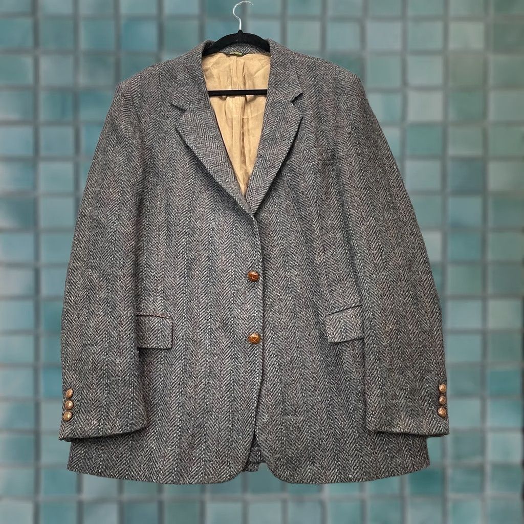 Vintage VINTAGE Huffmans Blazer Jacket Mens XL Gray Tweed Wool Herringbone Coat 90s Made USA Size 46R - 1 Thumbnail
