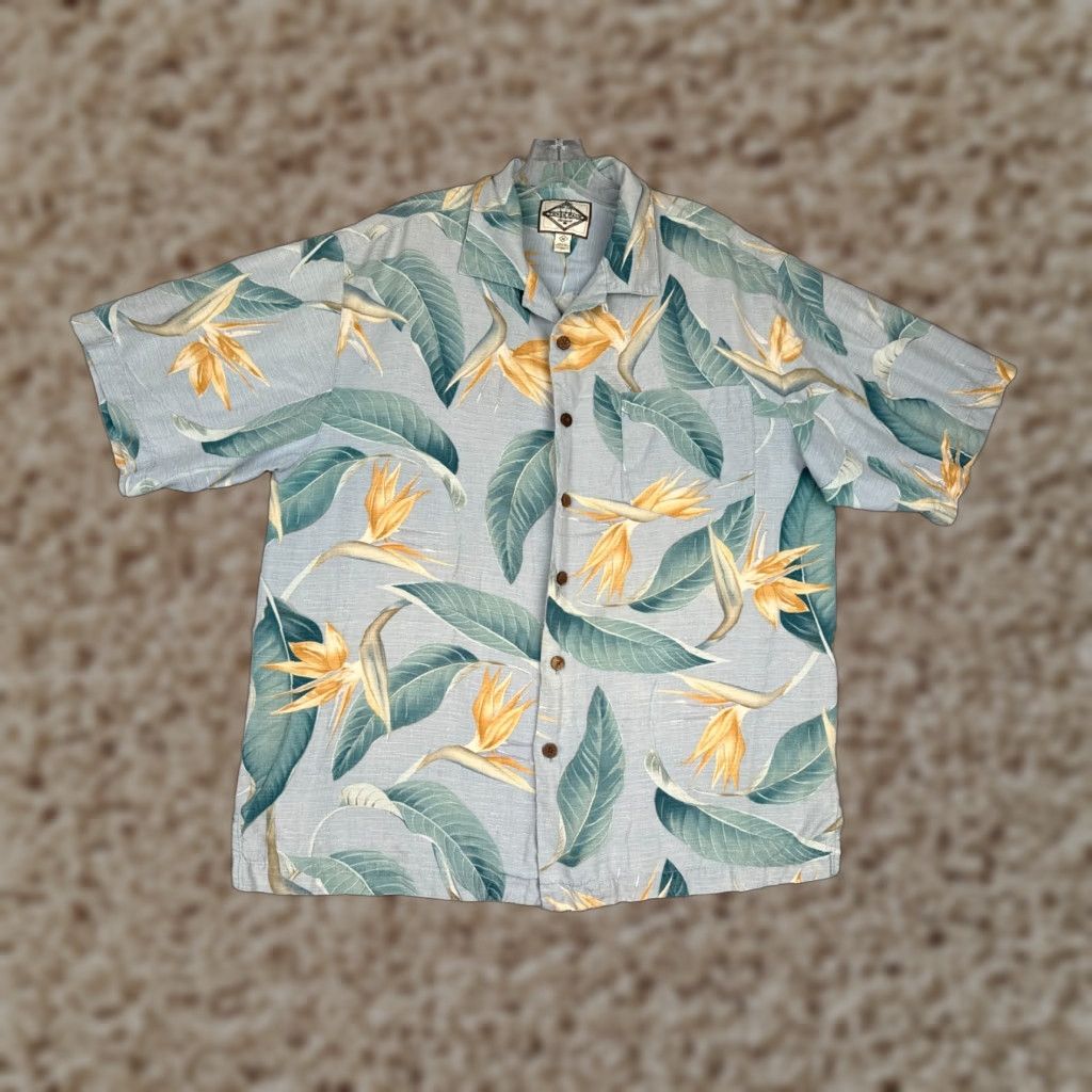 Vintage Three Palm Shirt Men Medium Blue Floral Bird Of Paradise Hawaiian 100% Silk Size US M / EU 48-50 / 2 - 1 Thumbnail