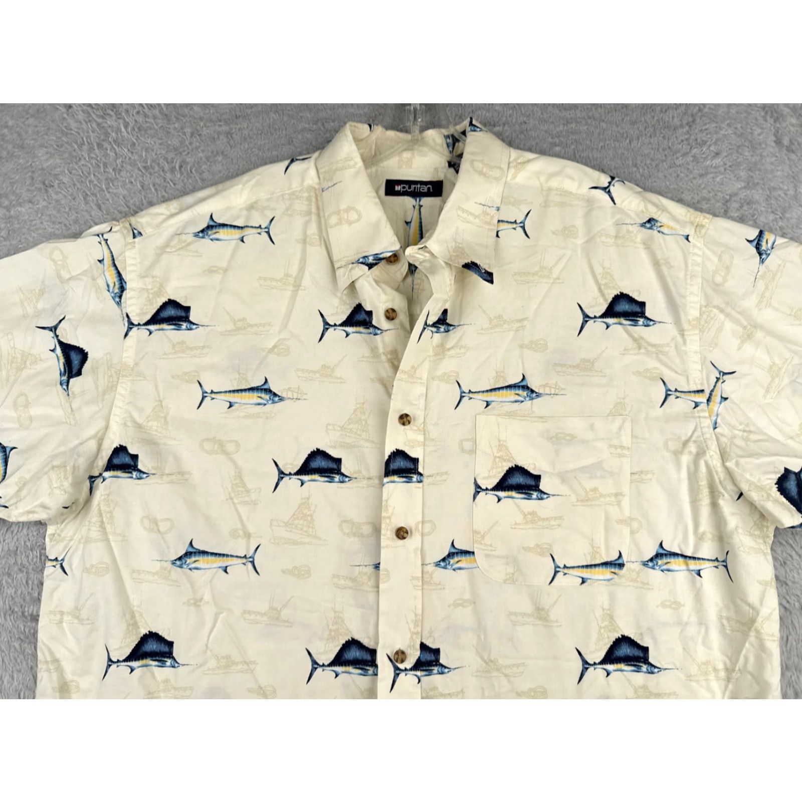 Nautica Puritan Shirt Men XL Ivory Button-Up Hawaiian 100% Cotton Aloha Beach Vacation Resort Short Sleeve Graphic Print Casual 60s? Size US XL / EU 56 / 4 - 4 Thumbnail