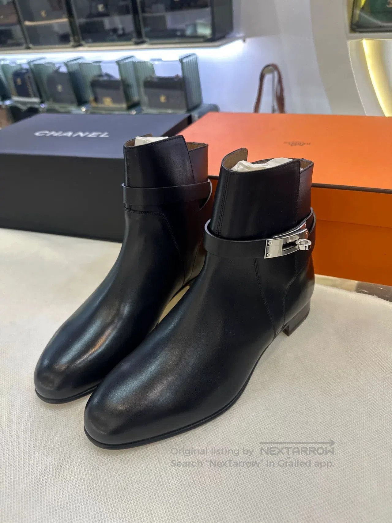 Hermès Black Silver Buckle Kelly Ankle Boots.