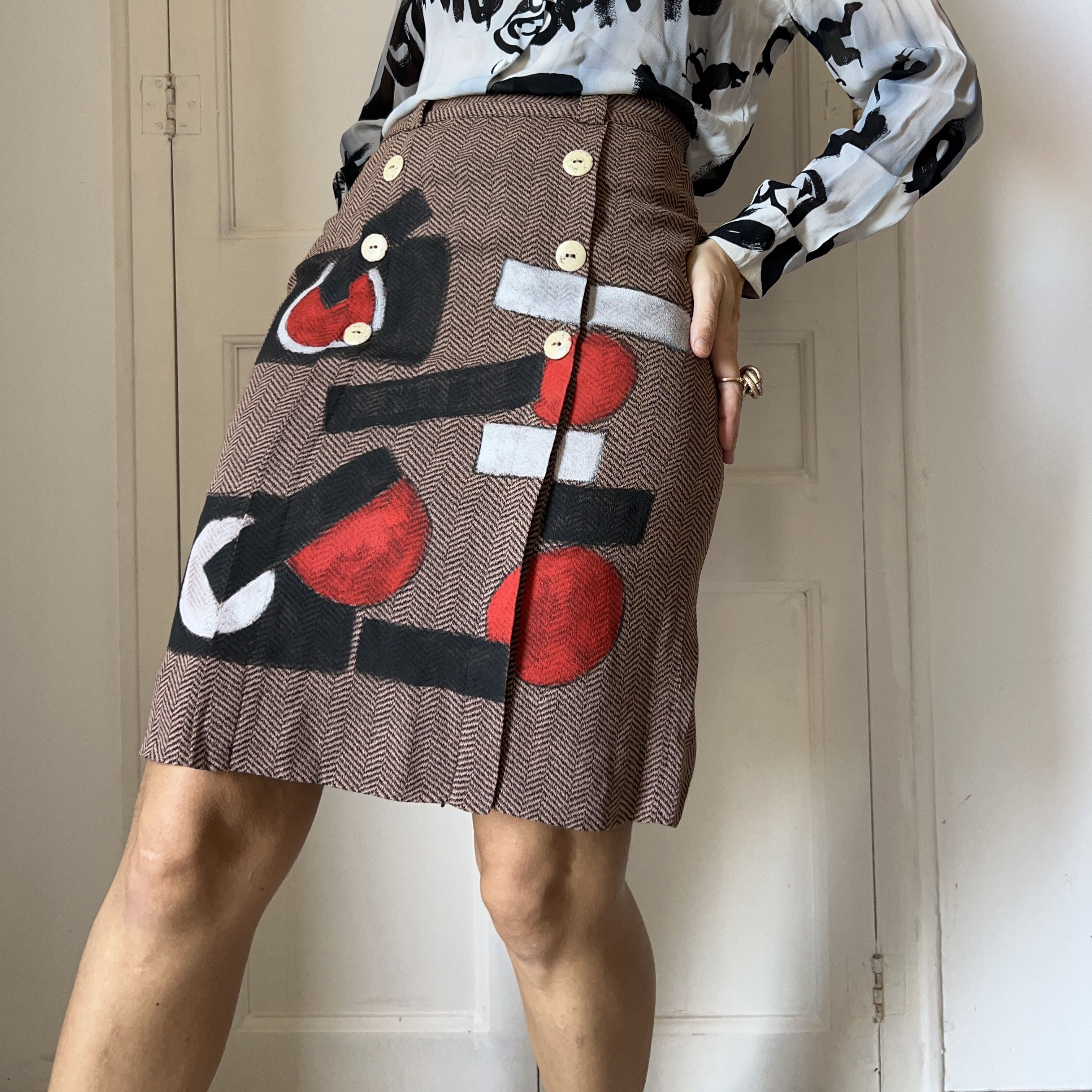 Custommade Hand Painted Abstract Skirt: Herringbone Geometric Size 28" / US 6 / IT 42 - 9 Thumbnail