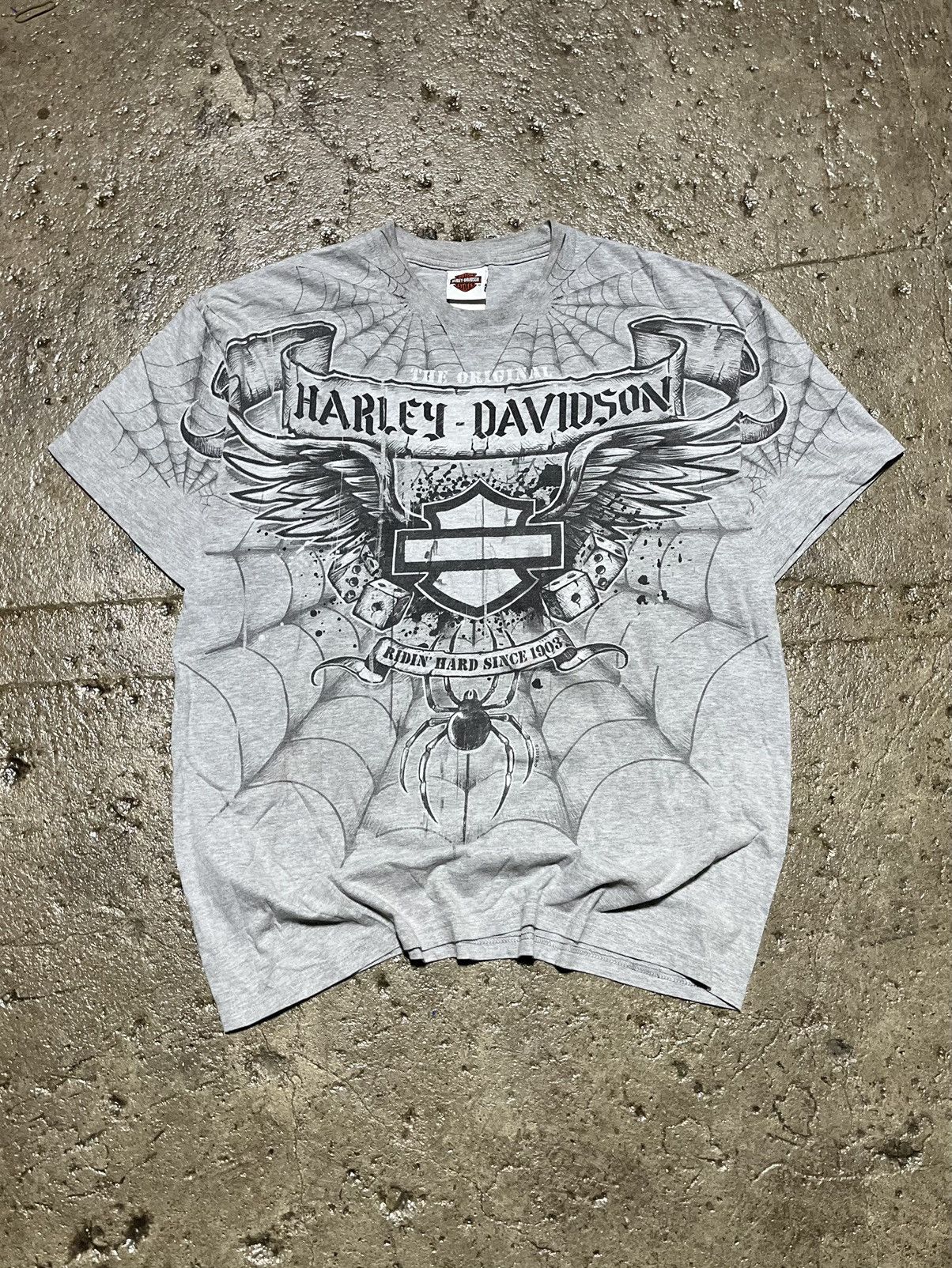 image of Affliction x Harley Davidson Crazy Y2K Harley Davidson Spider Web Grunge Aop Tee Shirt in Grey (Siz