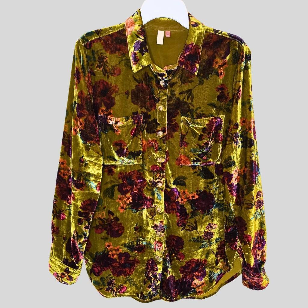 Anthropologie Anthropologie Pilcro Velvet Button Down Shirt Green Floral R Size M / US 6-8 / IT 42-44 - 2 Thumbnail