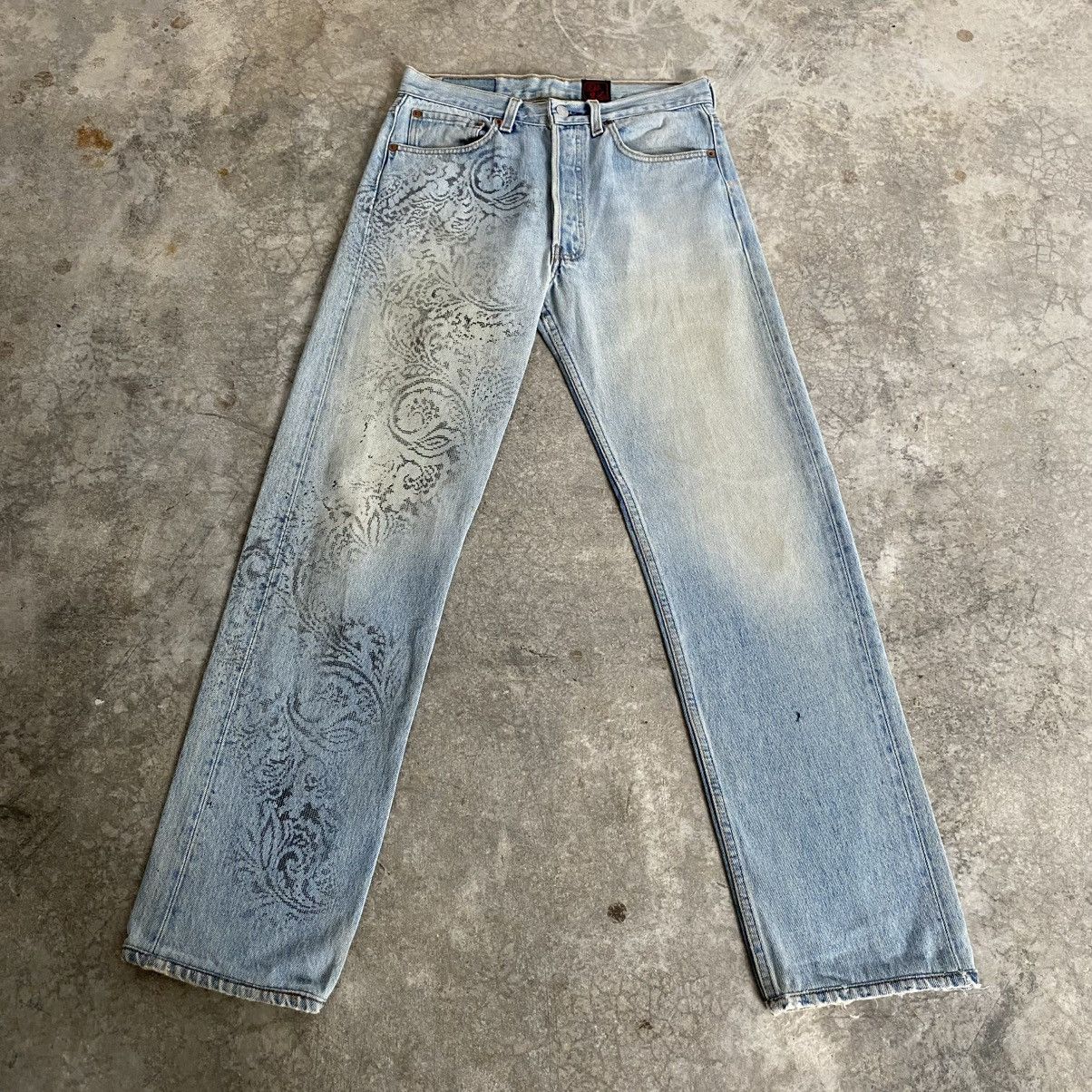 Levi's Vintage 90’s Levis 501 x Dorobo Nikki Printed Blue Jeans Size US 30 / EU 46 - 2 Thumbnail
