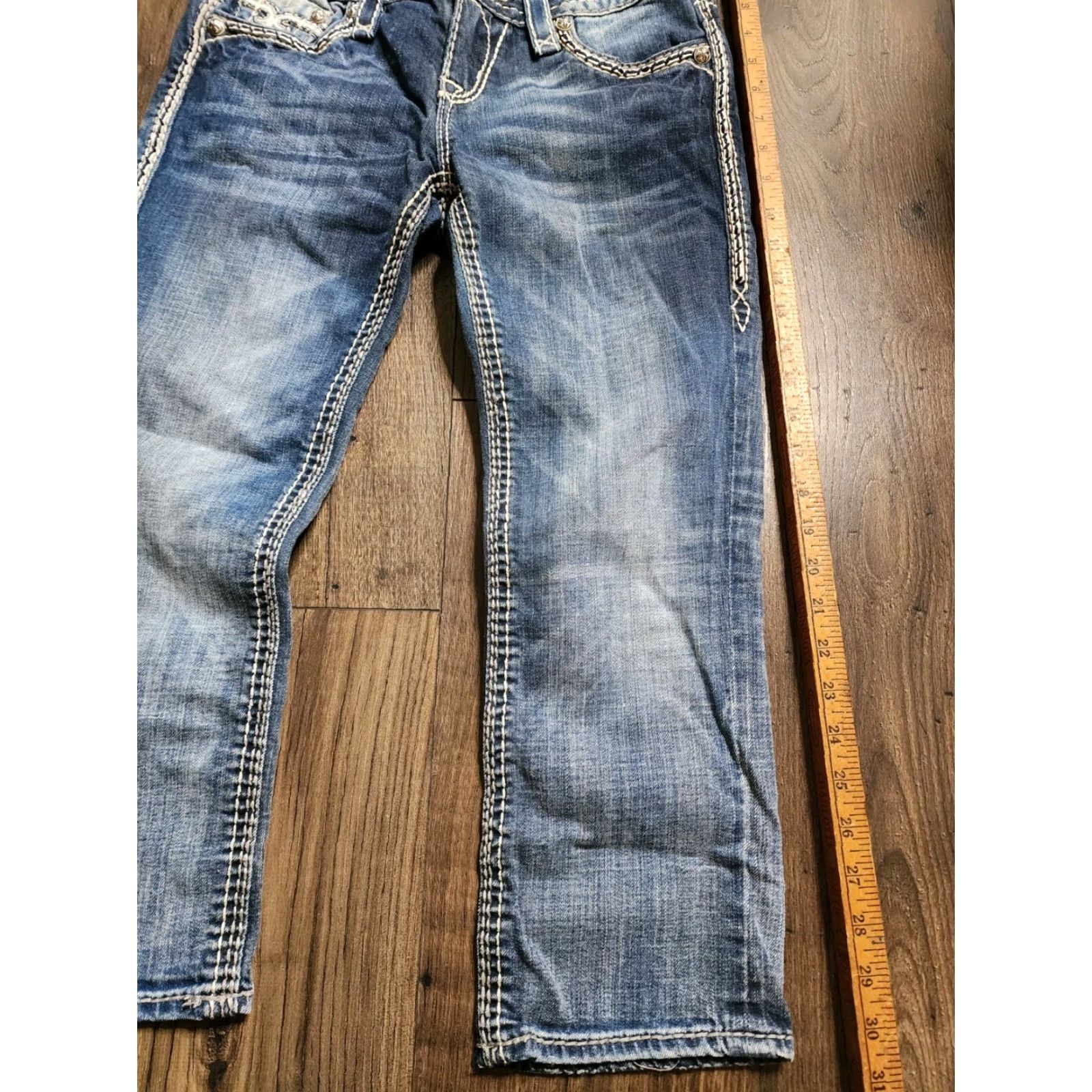 Vintage Rock Revival Kai Crop Jeans Womens 27 Blue Distressed Straight Leg Buckle Exclusive Size 27" / US 4 / IT 40 - 5 Thumbnail
