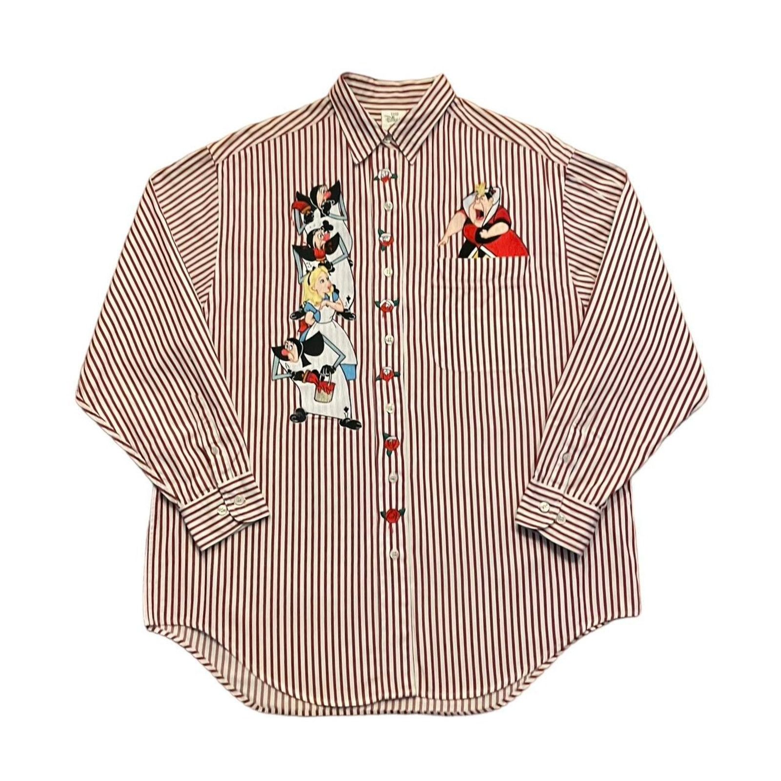 image of VTG 90's Disney Alice In Wonderland Striped Button-Up Shirt L in Red, Men's (Size Large)