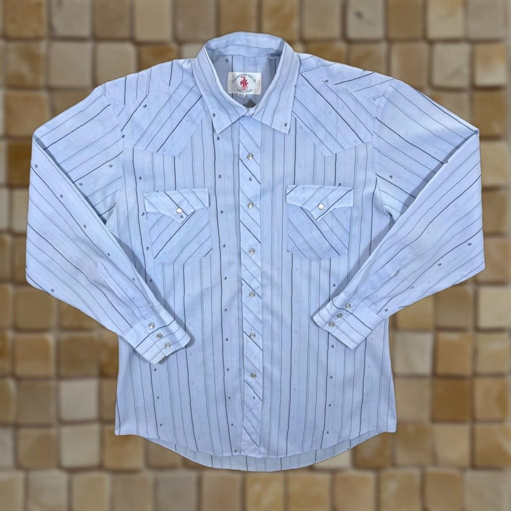 Vintage Vintage The Western Fair Lott, Texas Cowboy Western Blue Striped Popper Shirt L Mens Shirt Popper Button-Up Collared Blue Striped Western Theme 90s? Size US L / EU 52-54 / 3 - 1 Thumbnail