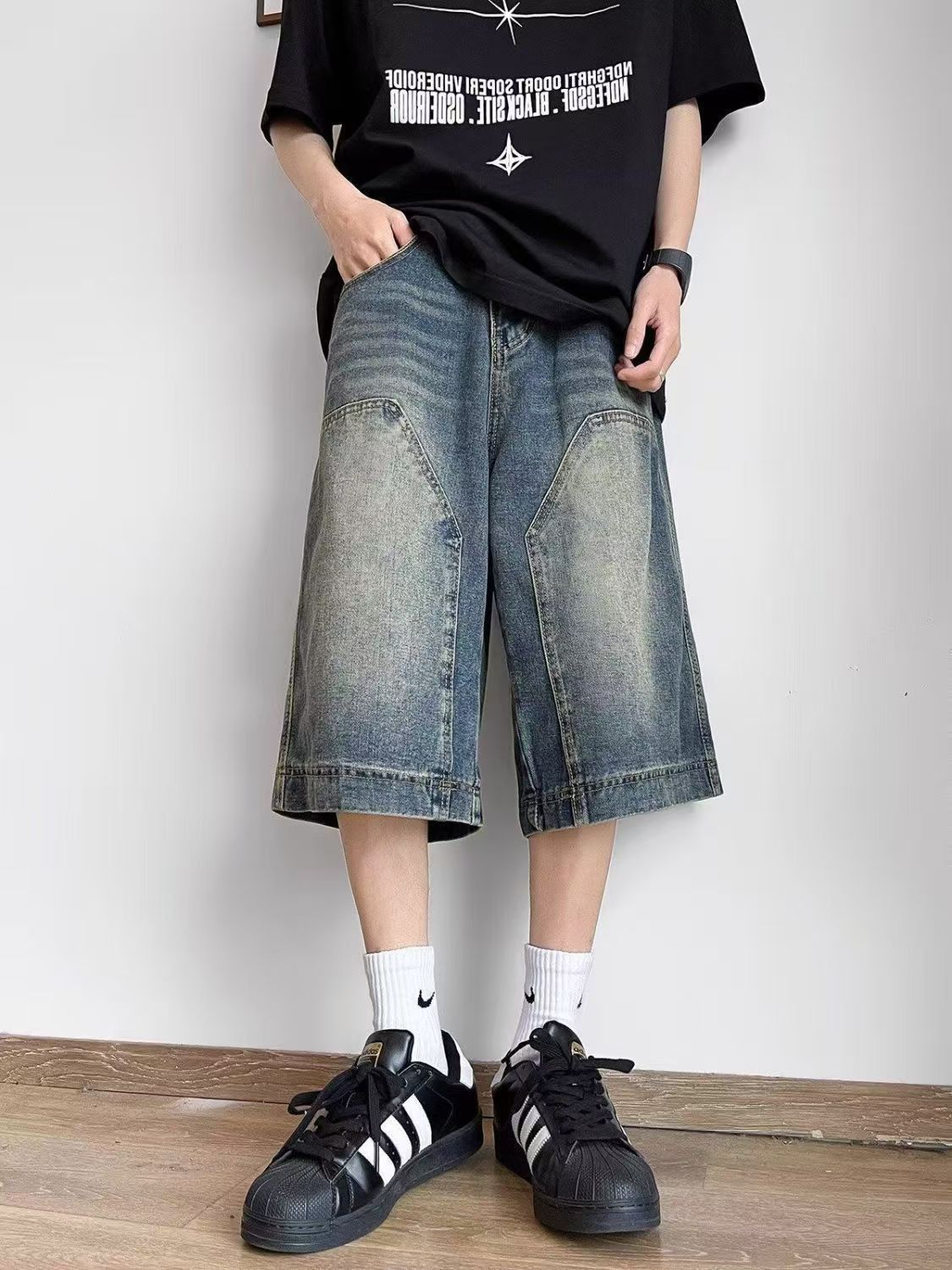 Vintage Blue Washed & Distressed Patchwork Denim Shorts Size US 32 / EU 48 - 1 Thumbnail